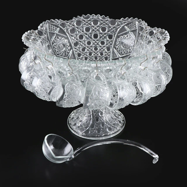 McKee "Leader" Pressed Glass Punch Bowl and Stand with Cups, Mid-20th C.
