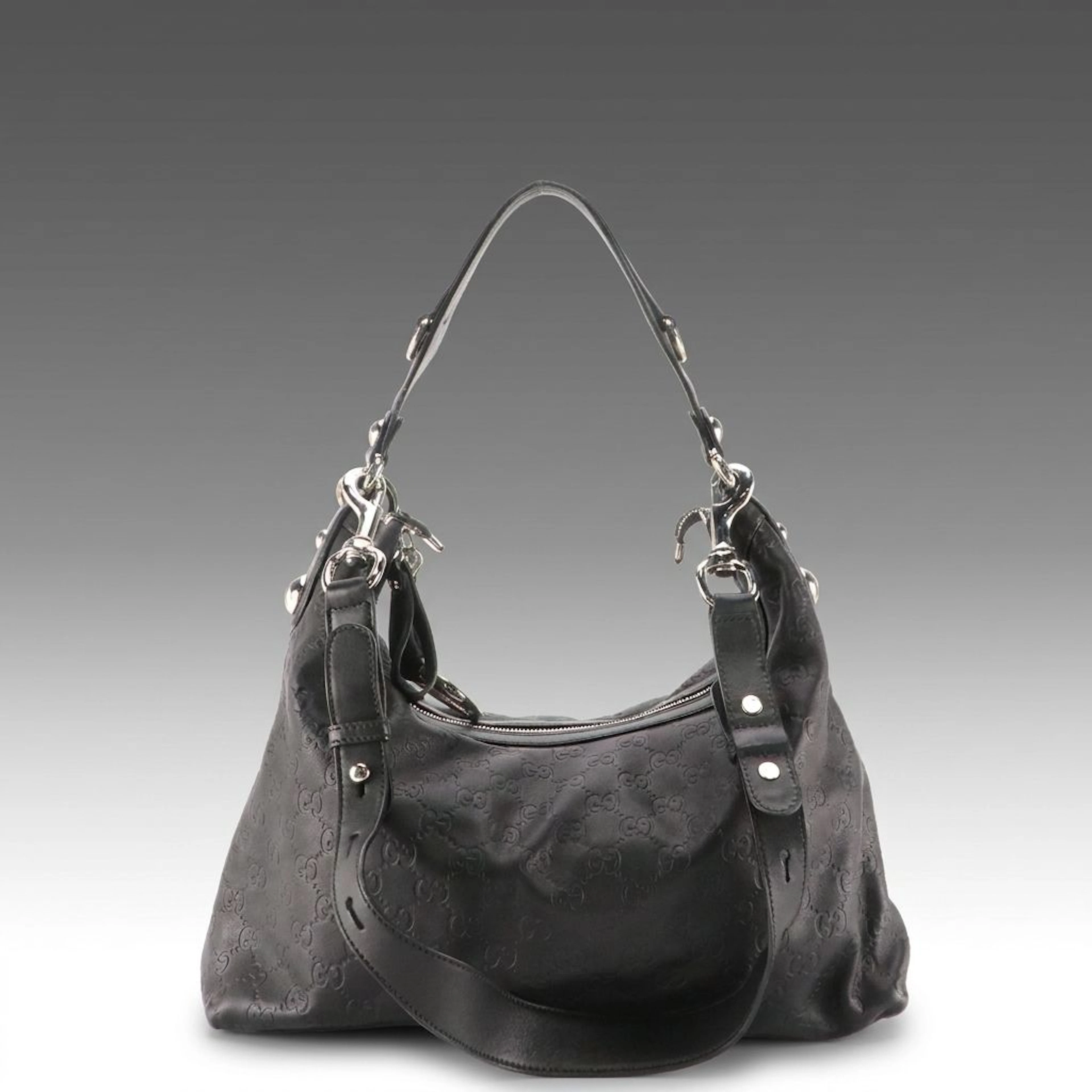 Gucci Black Guccissima Icon Bit Hobo 2-Way Bag with BVLGARI Key Ring