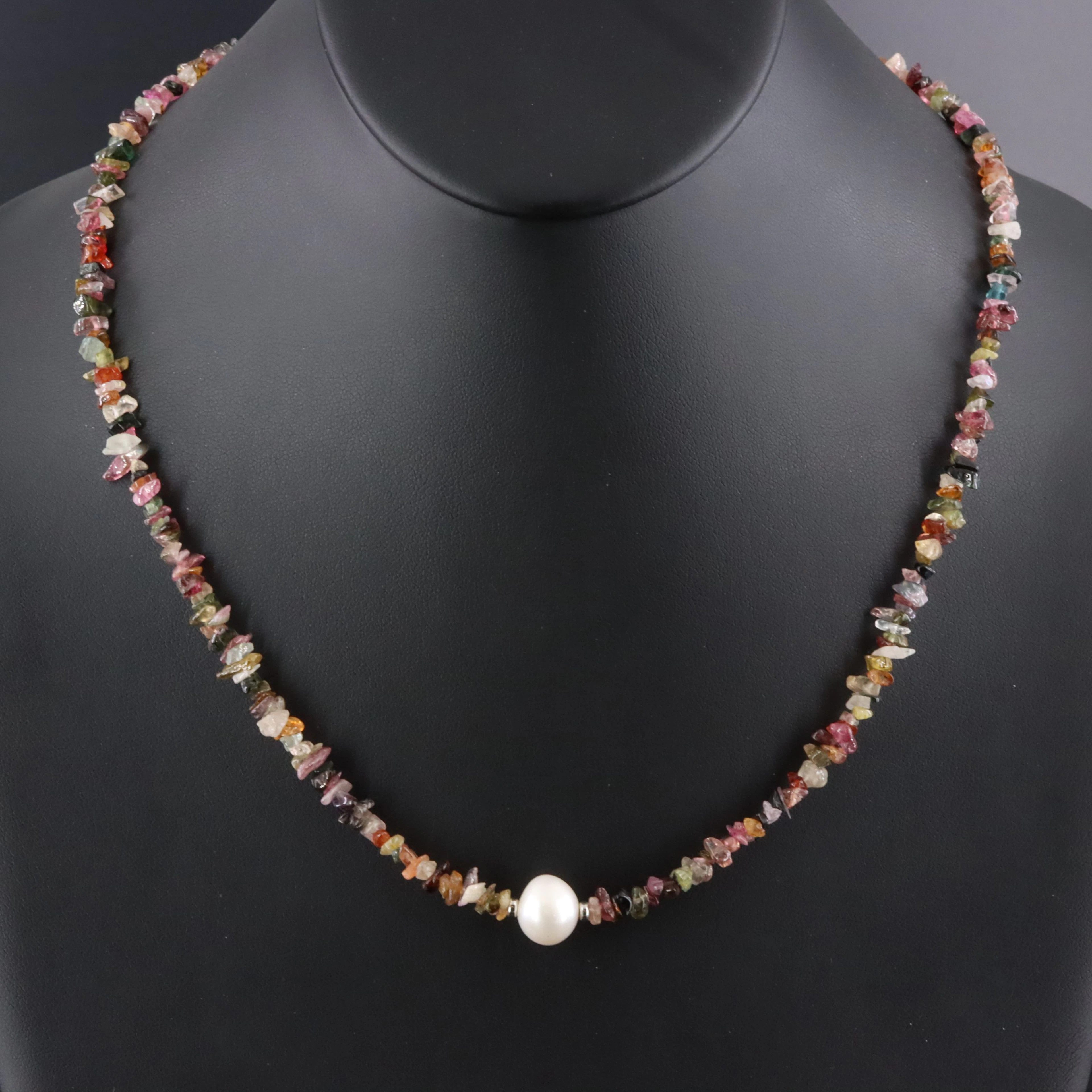Pearl and Tourmaline Necklace with Sterling Clasp and Accents