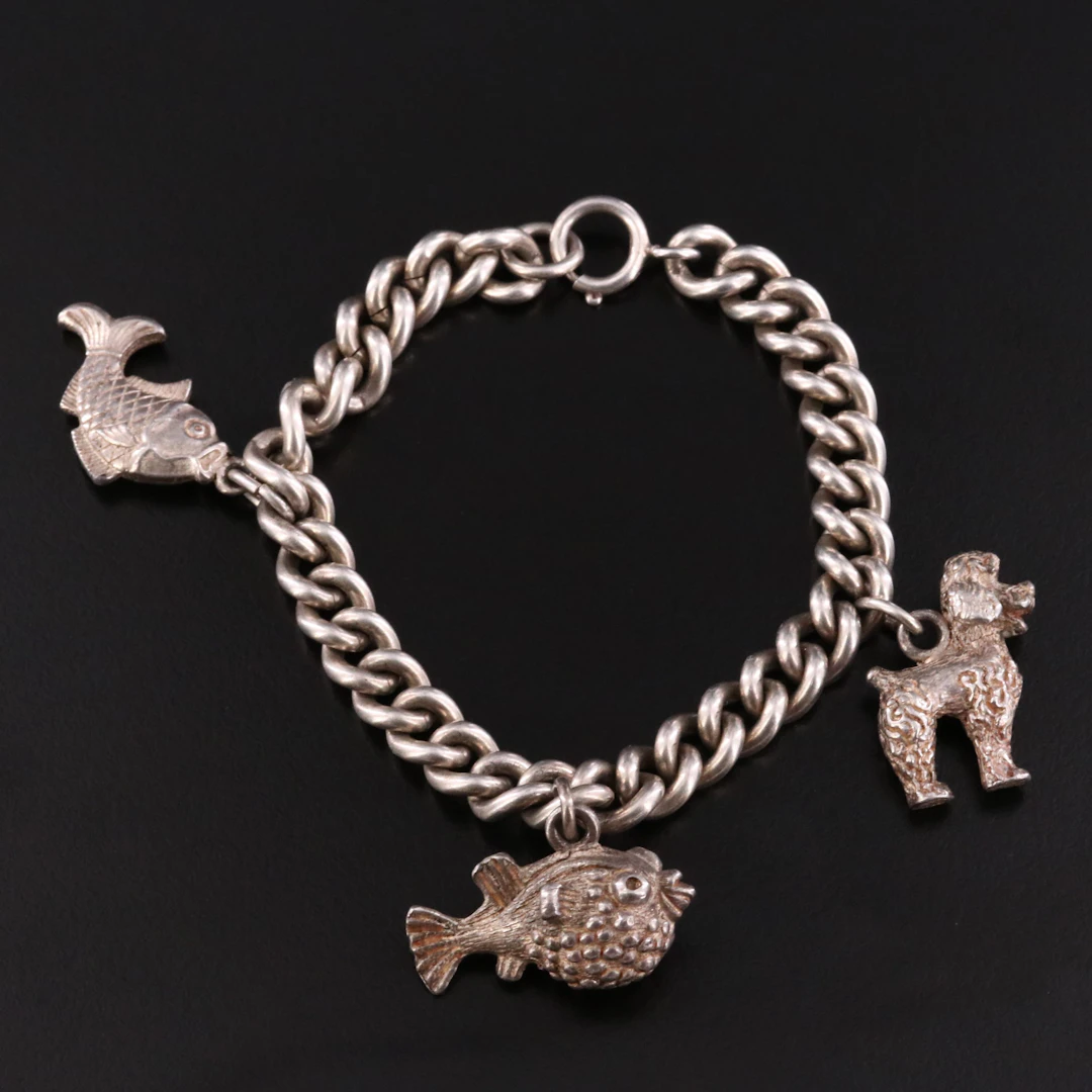 Sterling Bracelet with 900 Silver Fish and Poodle Charms