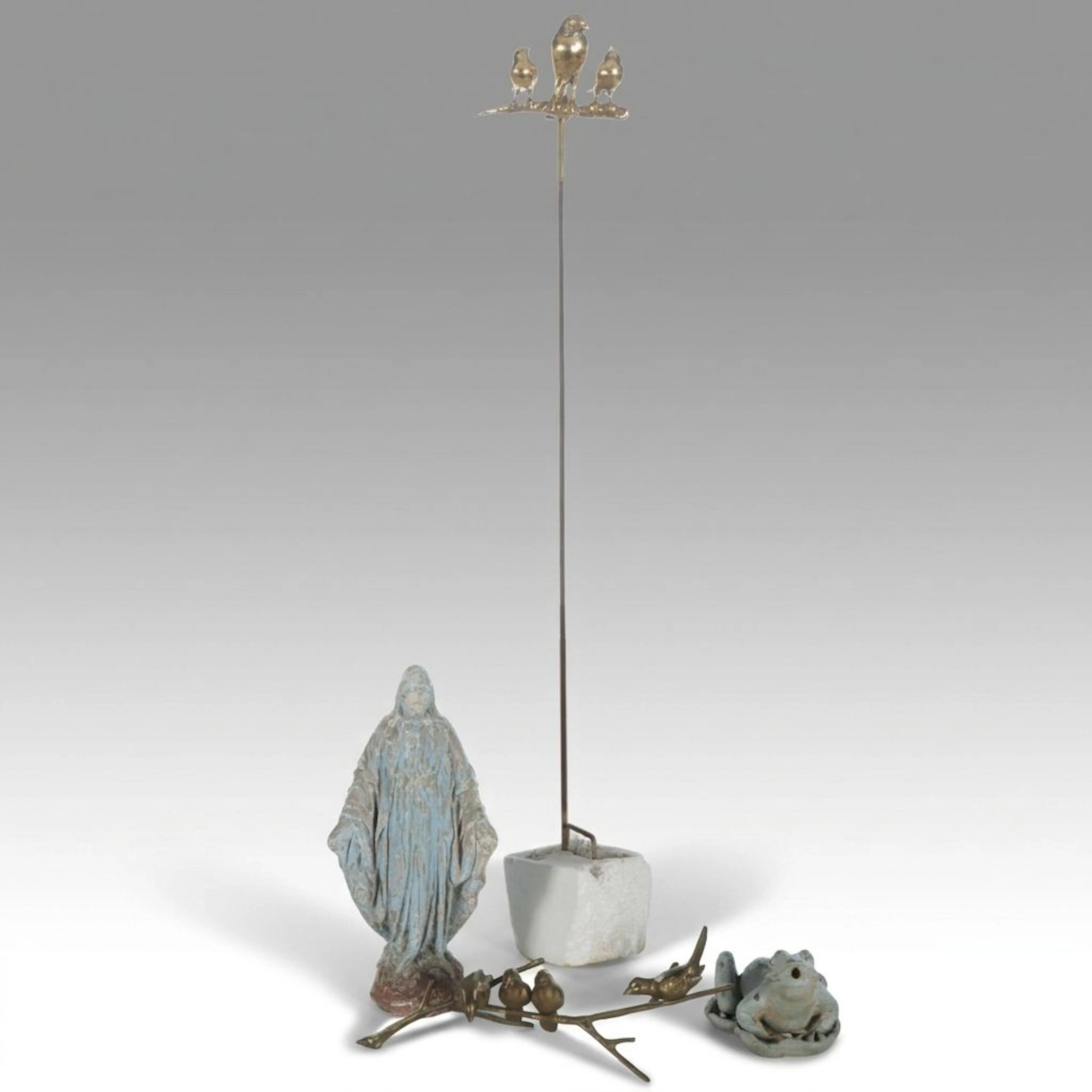 Concrete Madonna and Frog with Brass Bird Garden Sculptures, Vintage