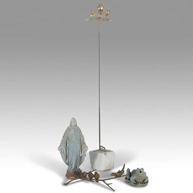 Concrete Madonna and Frog with Brass Bird Garden Sculptures, Vintage
