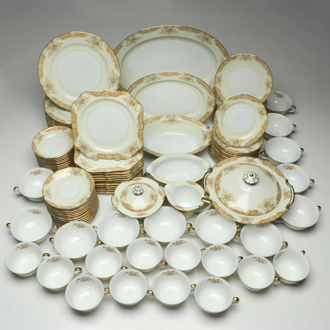 Noritake Gilt Floral Porcelain Dinnerware and Serving Pieces
