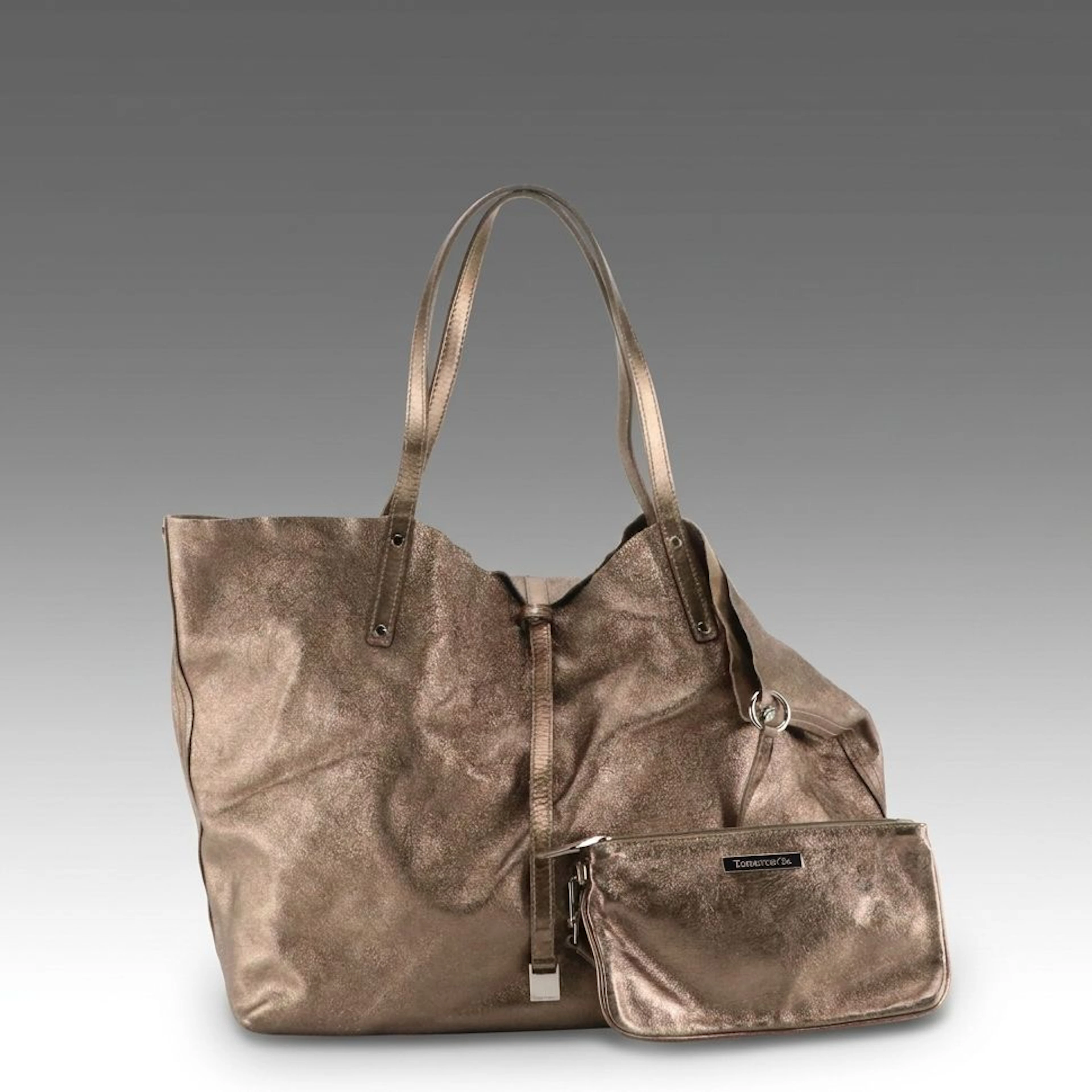 Tiffany & Co. Large Tote Bag and Zip Pouch in Metallic Silver and Brown Suede
