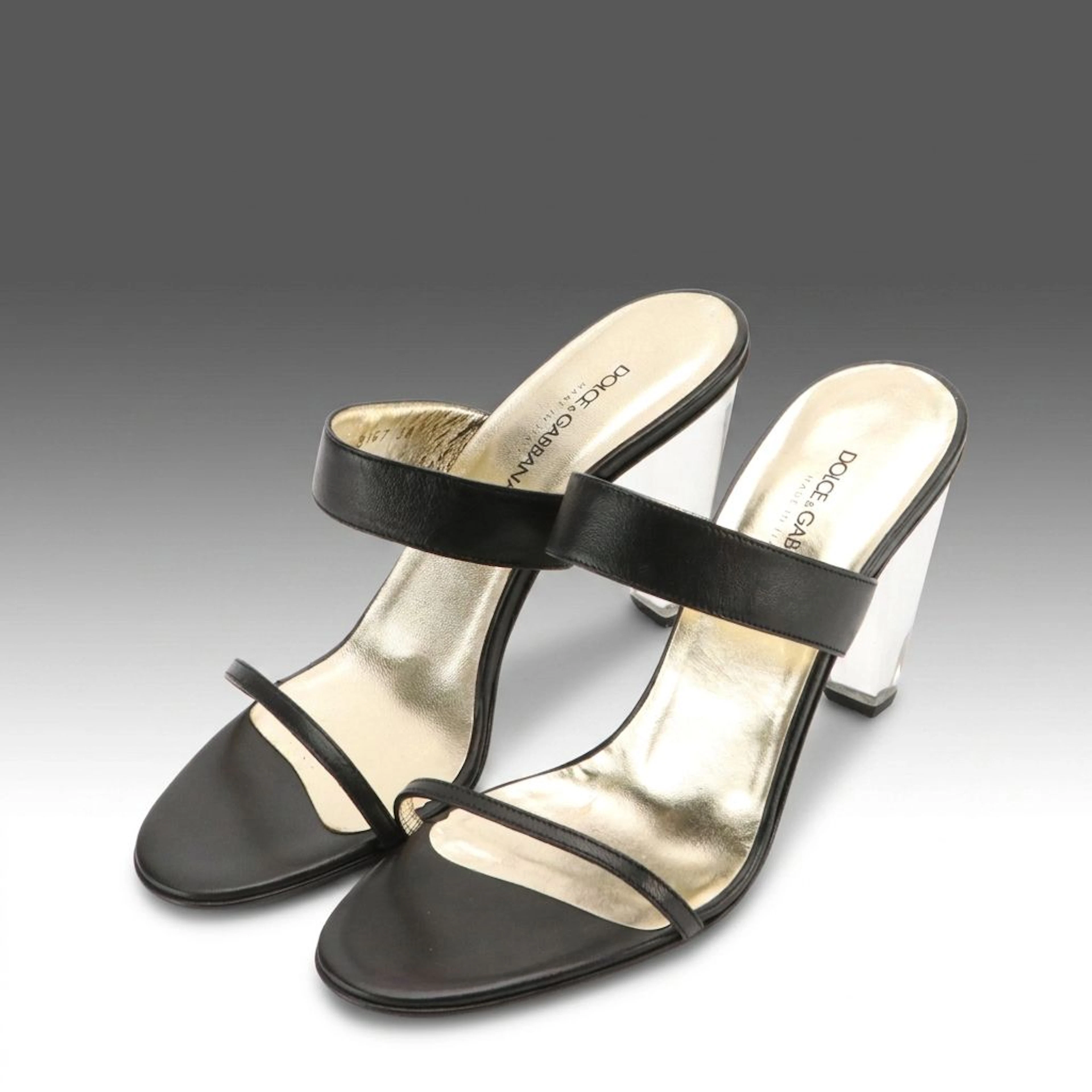 Dolce & Gabbana Black Leather Double Strap Clear Heel Mules with Box