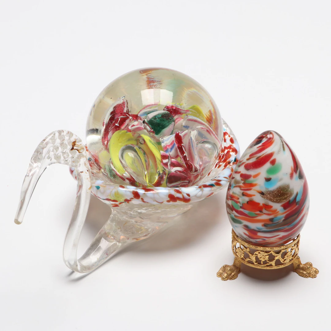 Oglebay Art Glass Dish, Italian Murano Glass Egg with Paperweight