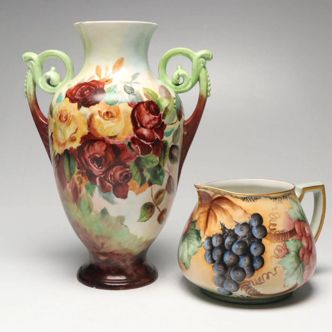 Tressemann & Vogt Hand-Painted Porcelain Amphora Vase with Pitcher, Antique