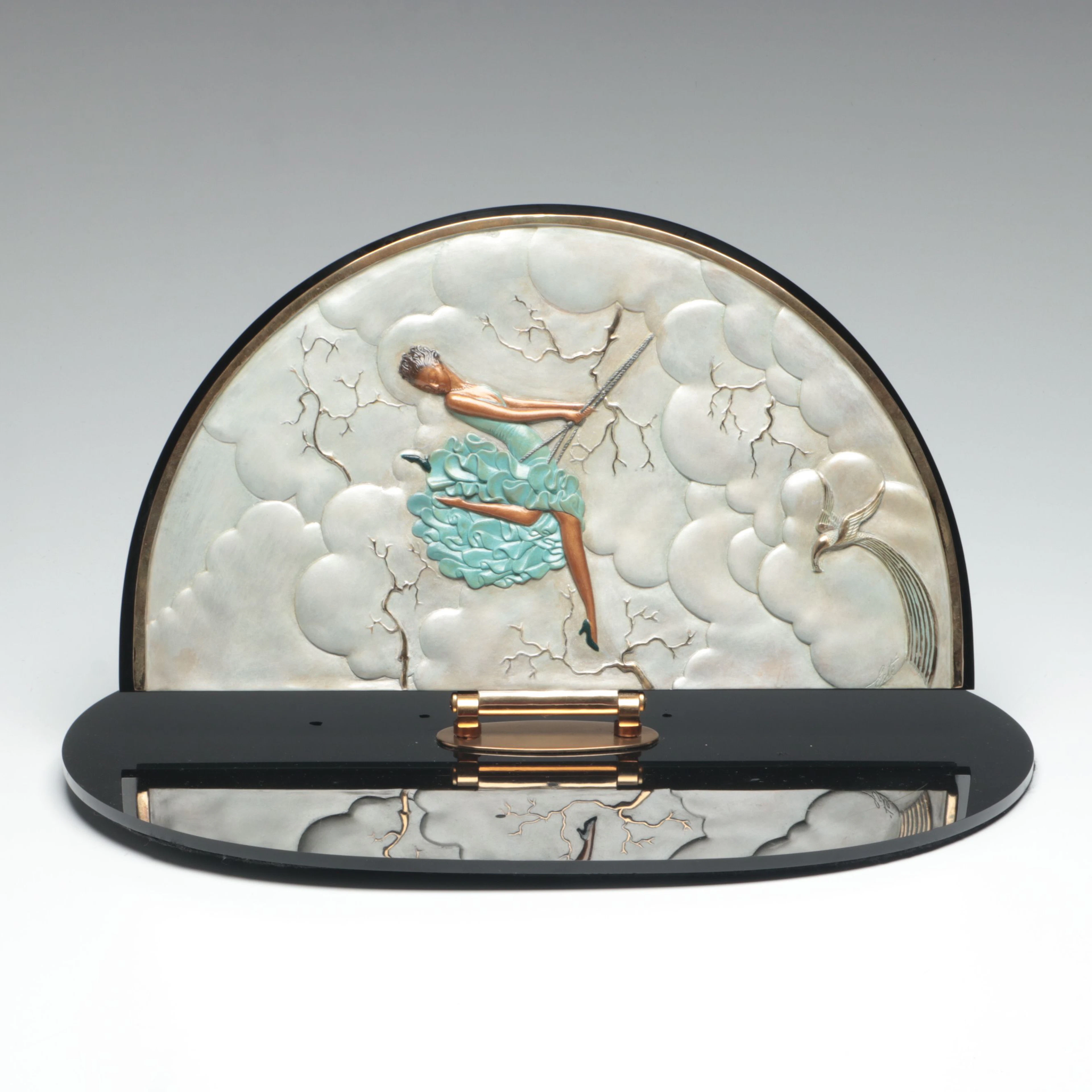 Erté "Joy of Life" Patinated Bronze on Acrylic Swivel Table Mirror, 1986