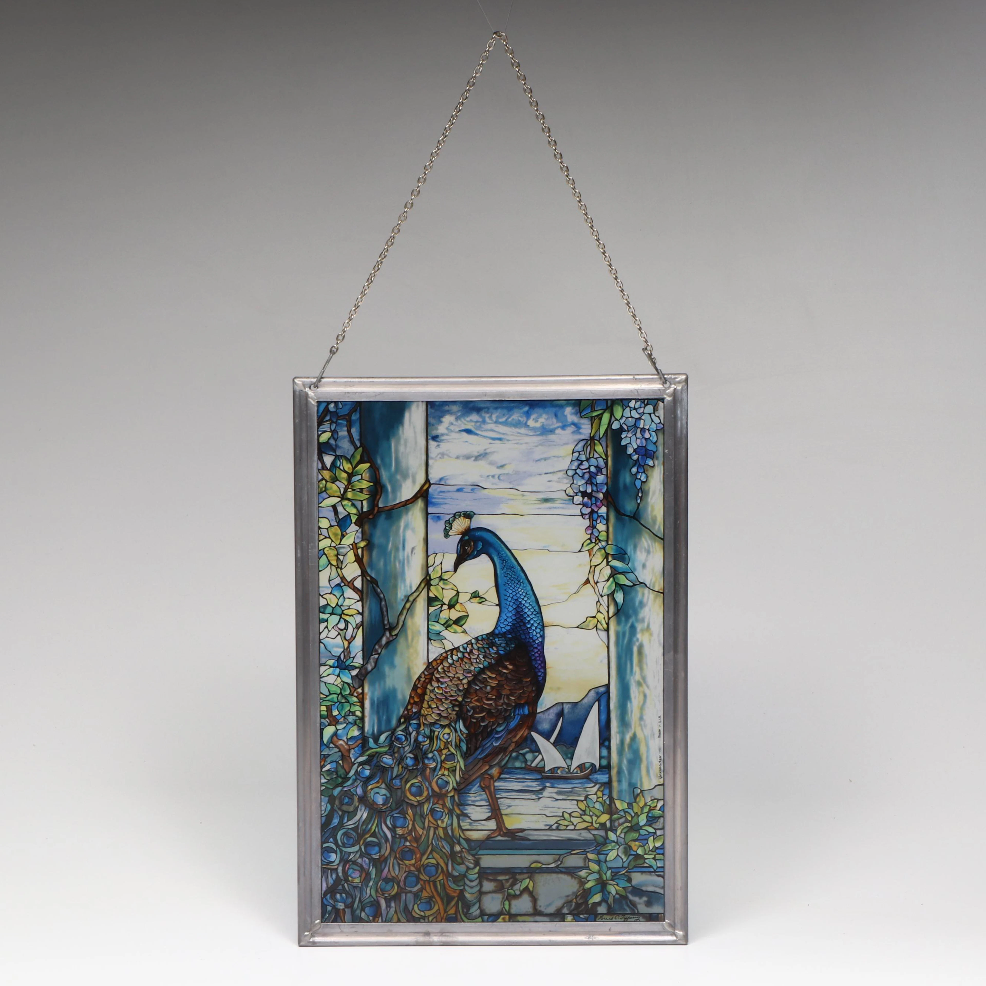 Louis Comfort Tiffany Reproduction Enamel Print on Glass Peacock Window Panel