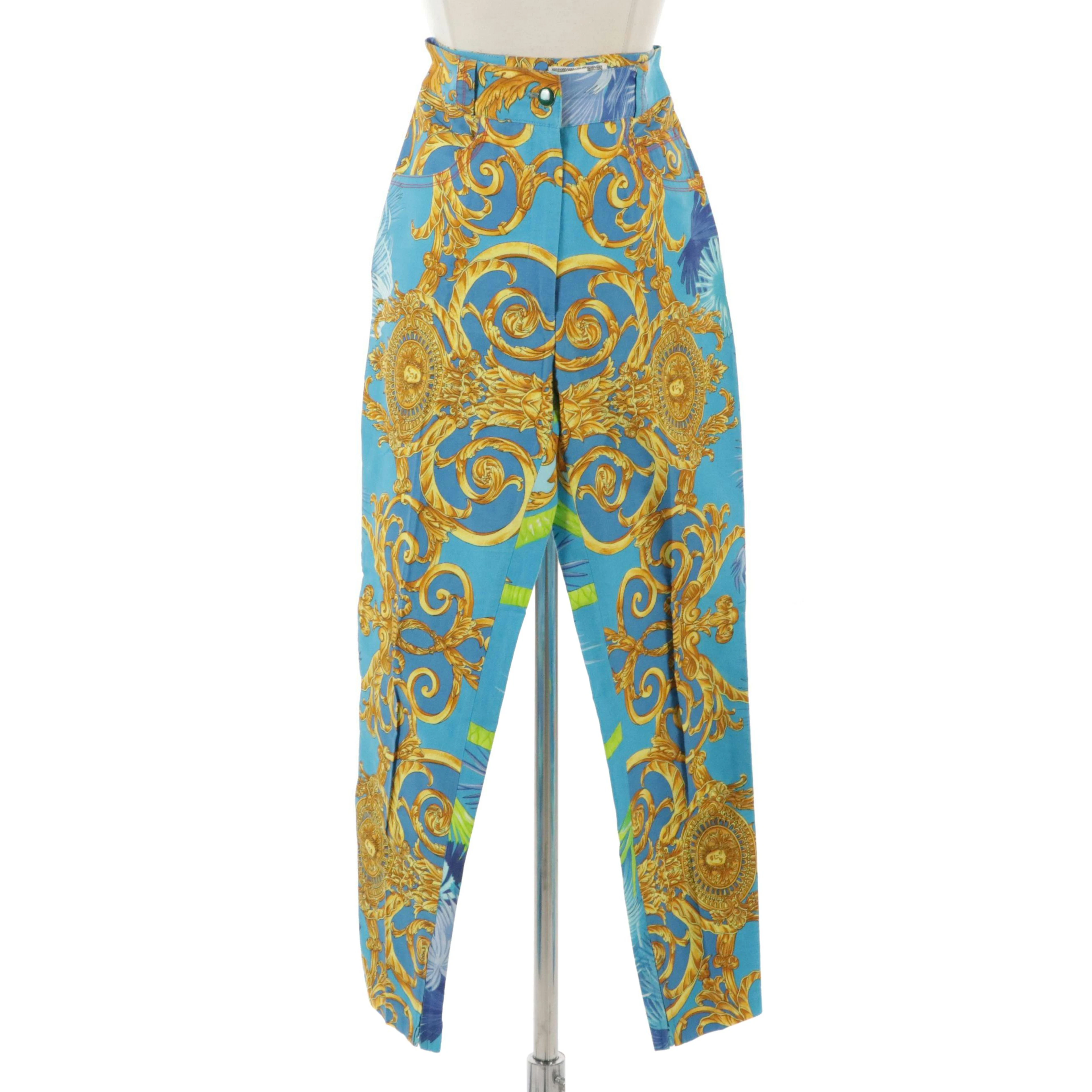 Gianni Versace Vintage High-Waist Blue Baroque and Palm Printed Cotton Pants