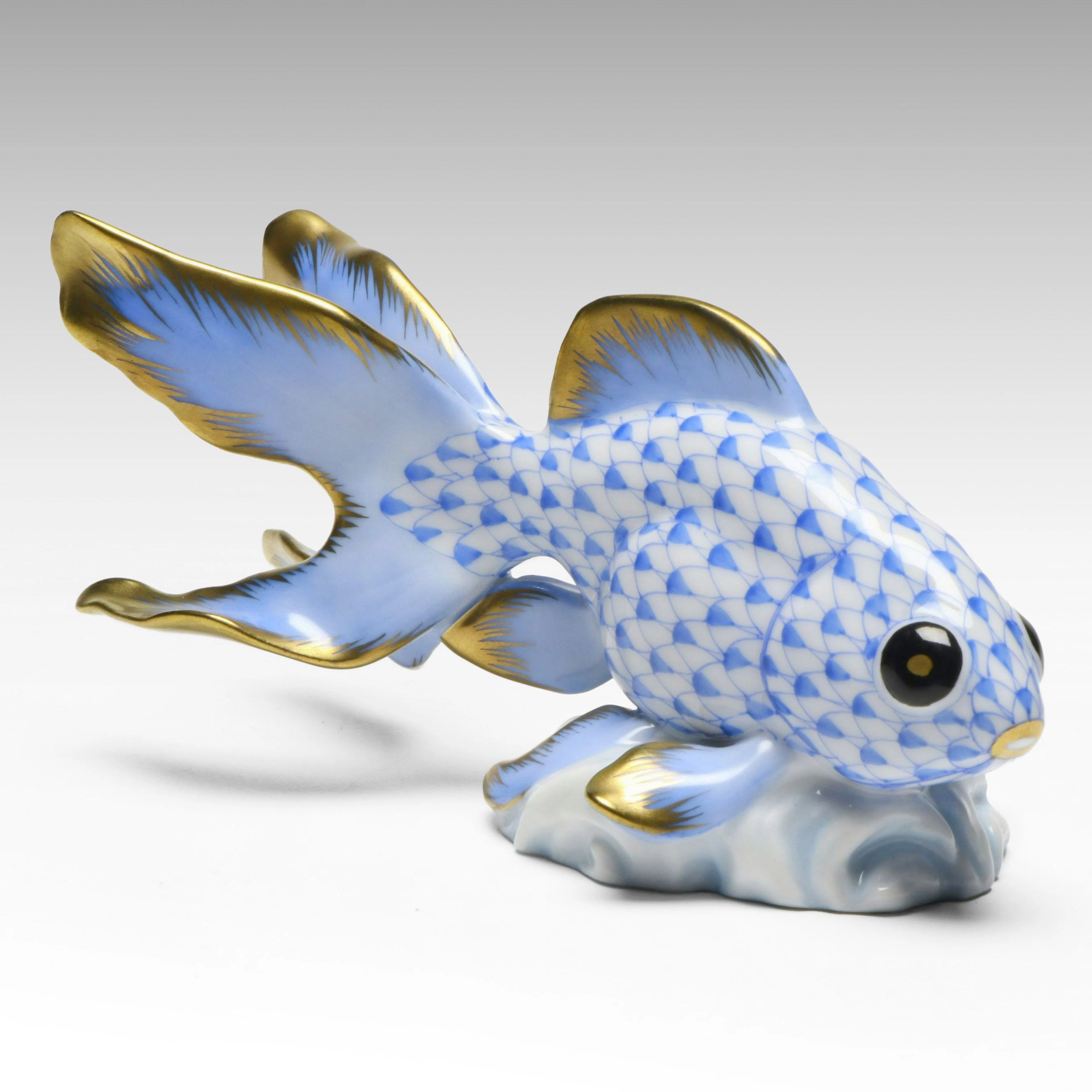 Herend Sapphire Fishnet with Gold "Fantail Goldfish" Porcelain Figurine