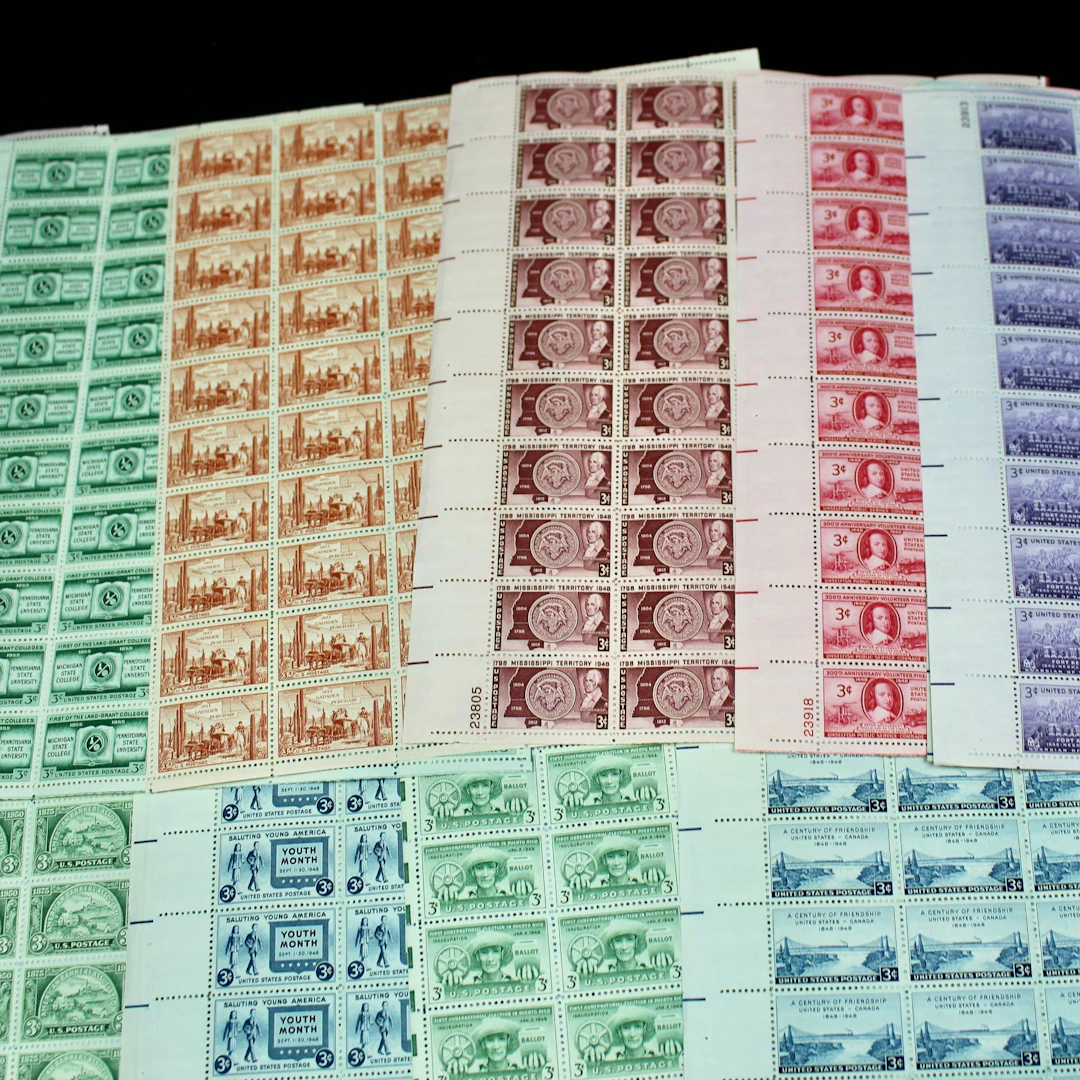 100 U.S. 3-Cent Postage Stamp Sheets, 1940s-1950s