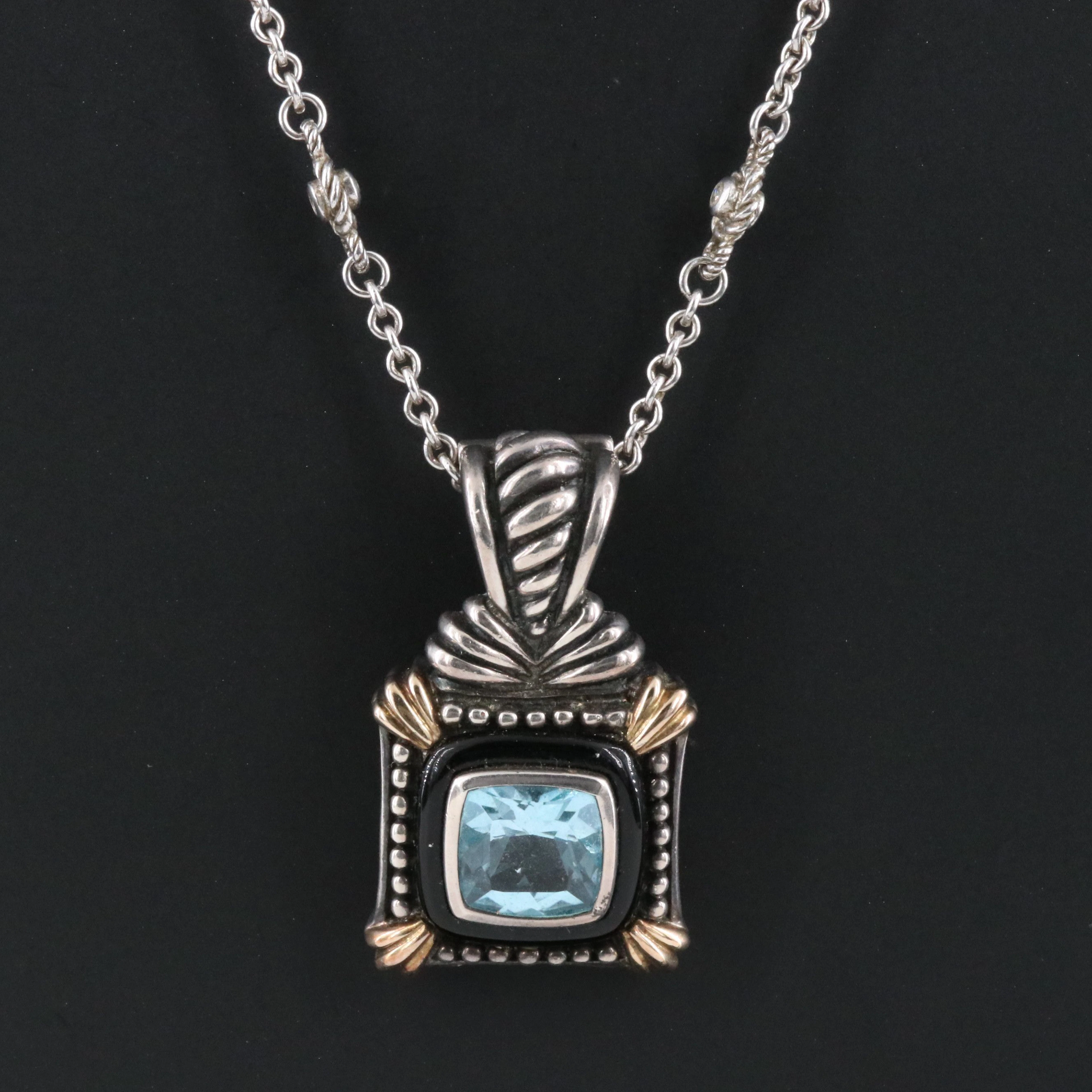 Judith Ripka Sterling CZ Station Necklace with Blue Topaz Enhancer Pendant