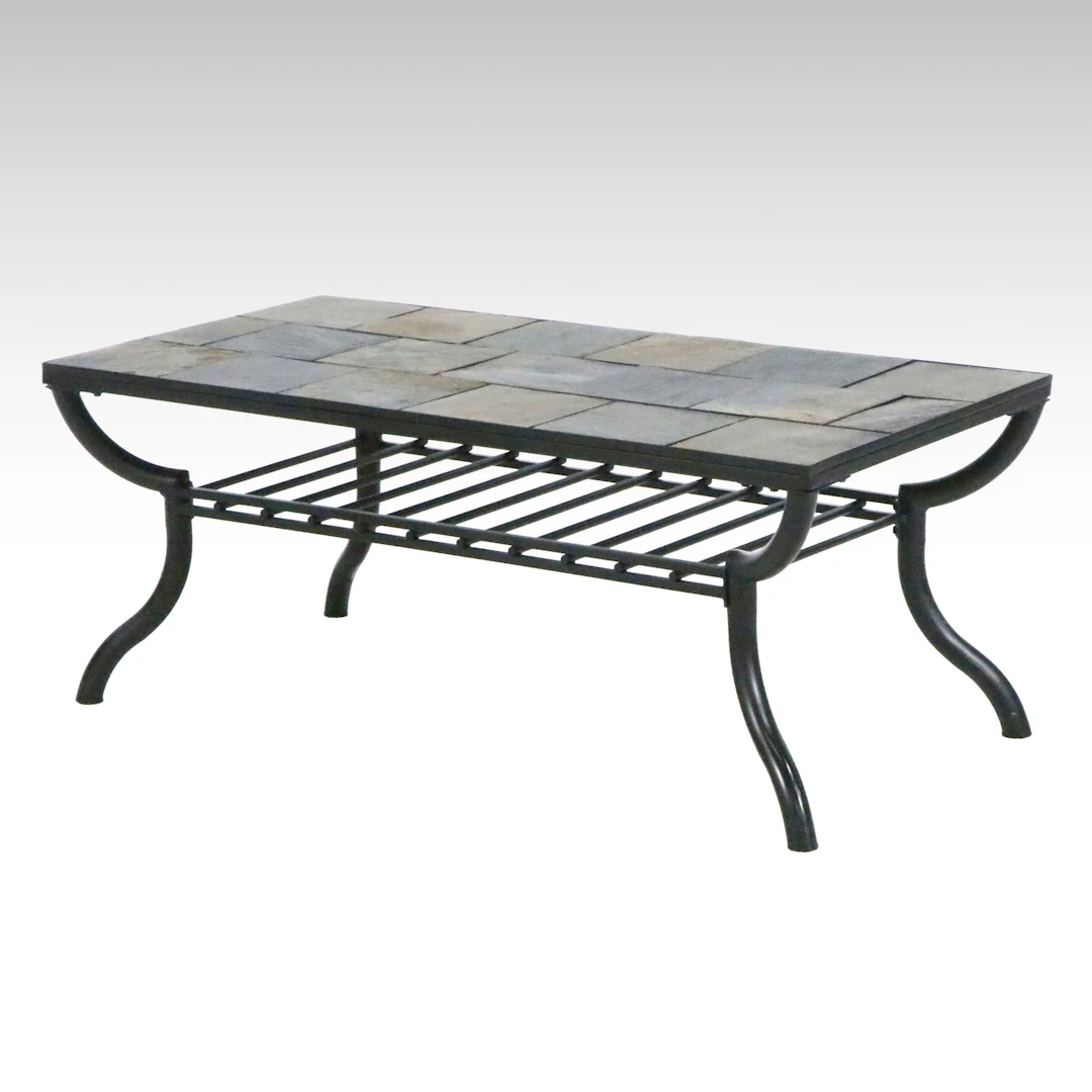 Slate Tile Top Metal Patio Coffee Table with Lower Shelf