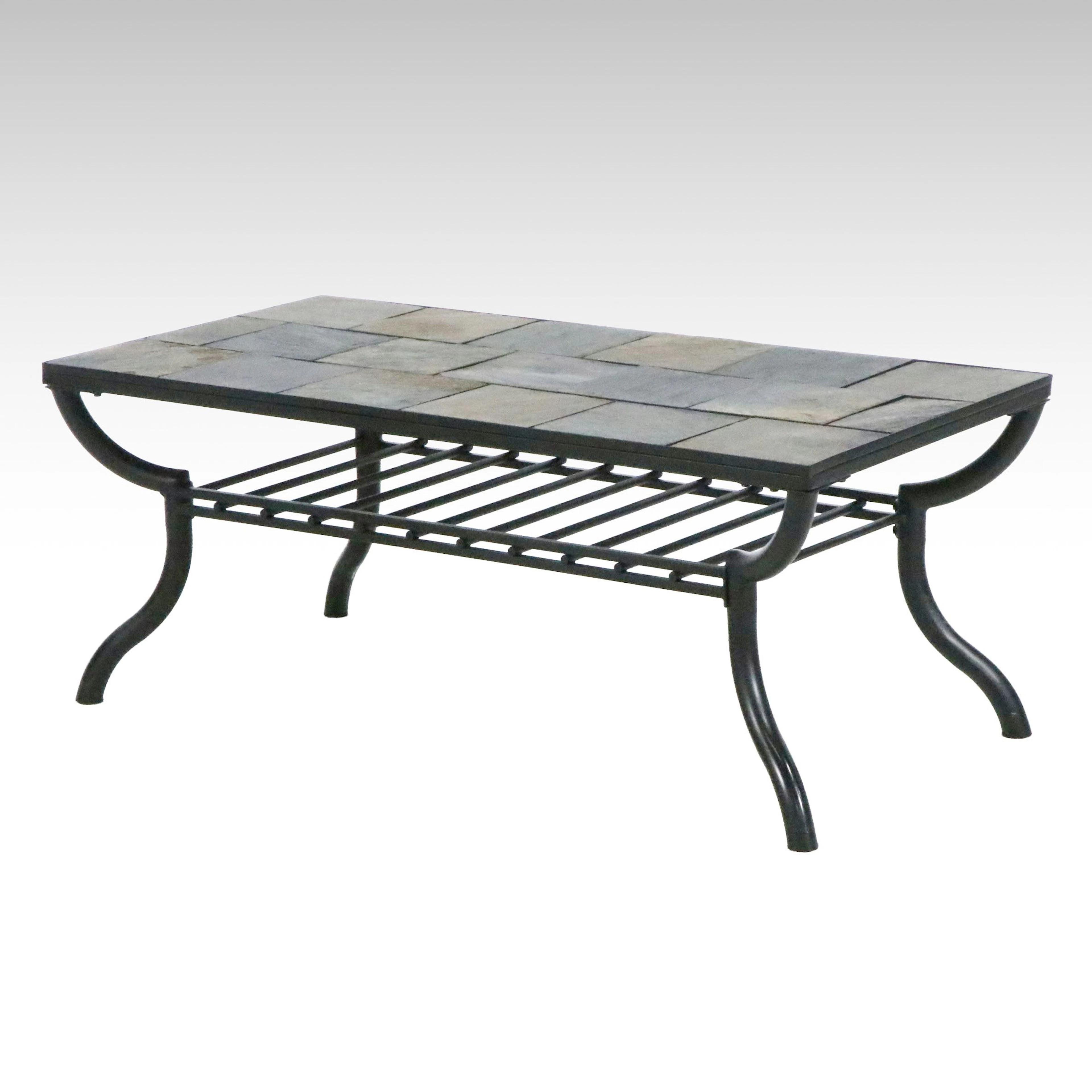 Slate Tile Top Metal Patio Coffee Table with Lower Shelf