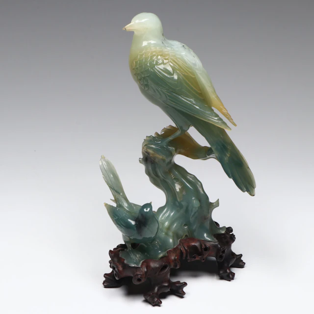 Chinese Carved Calcite Bird on Wood Base