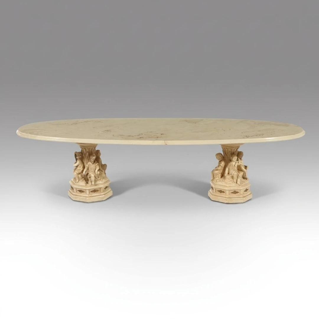 Hollywood Regency Style Molded Plaster Oval Coffee Table with Putti Bases