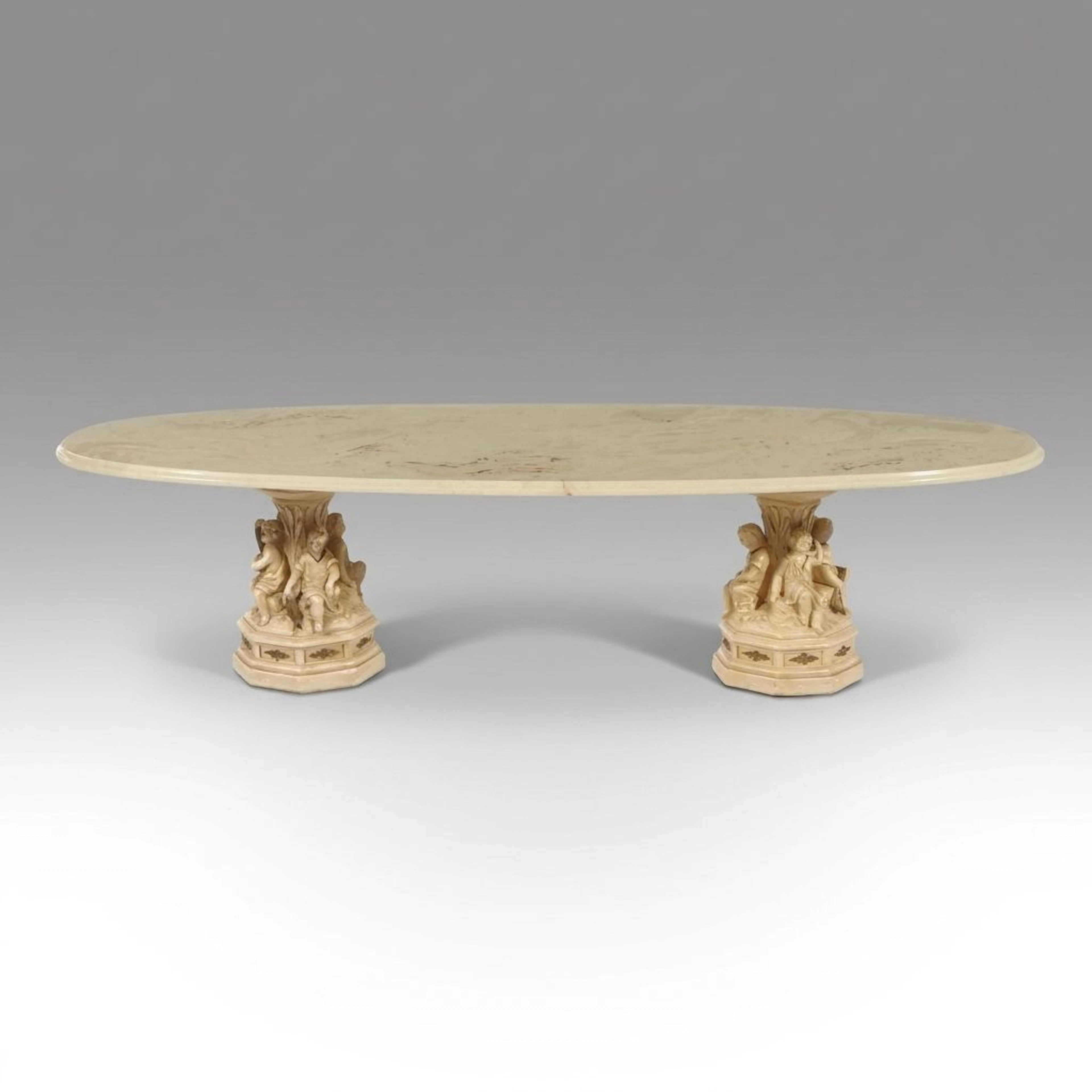 Hollywood Regency Style Molded Plaster Oval Coffee Table with Putti Bases