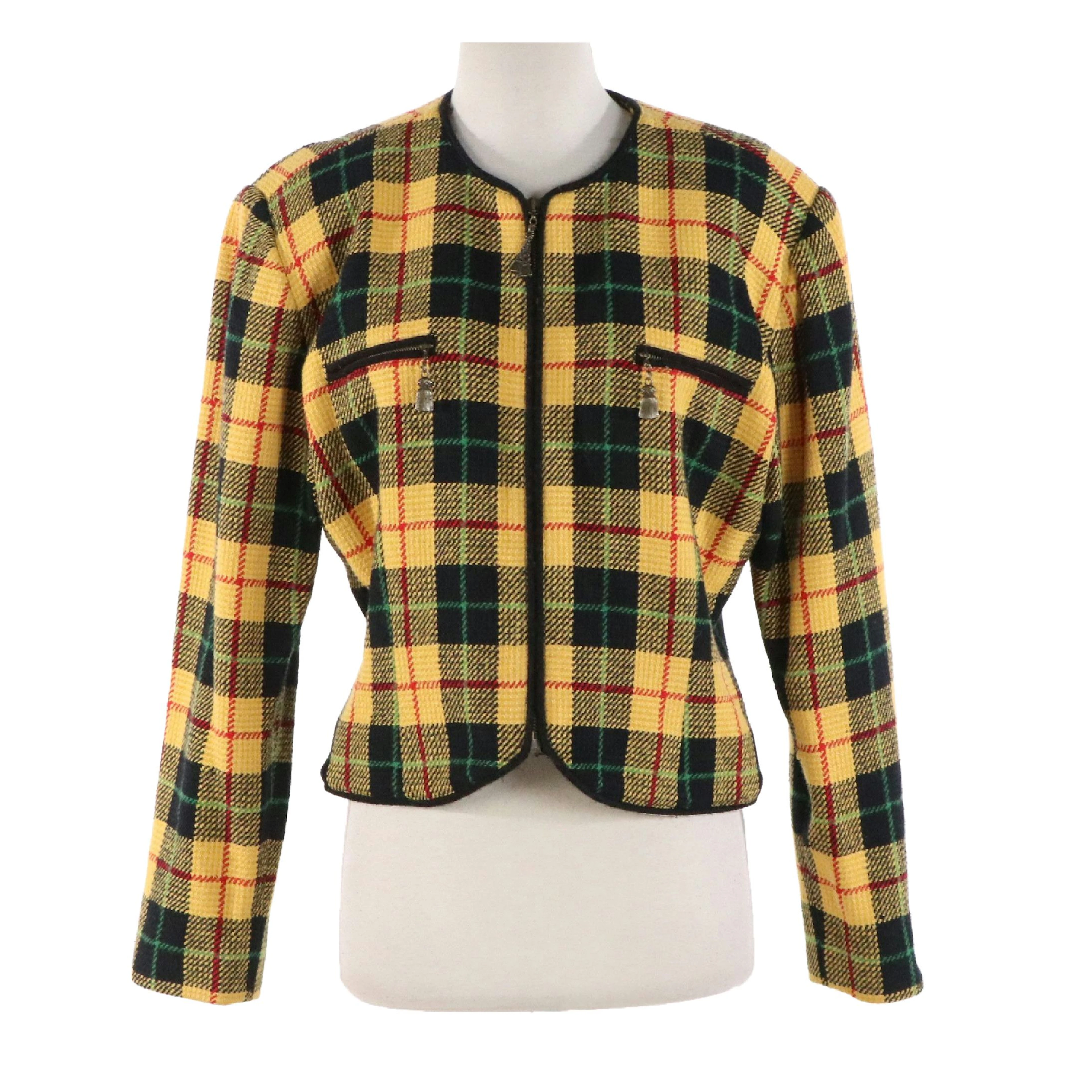 Emanuel by Emanuel Ungaro Vintage Black & Yellow Plaid Rayon Zip Jacket