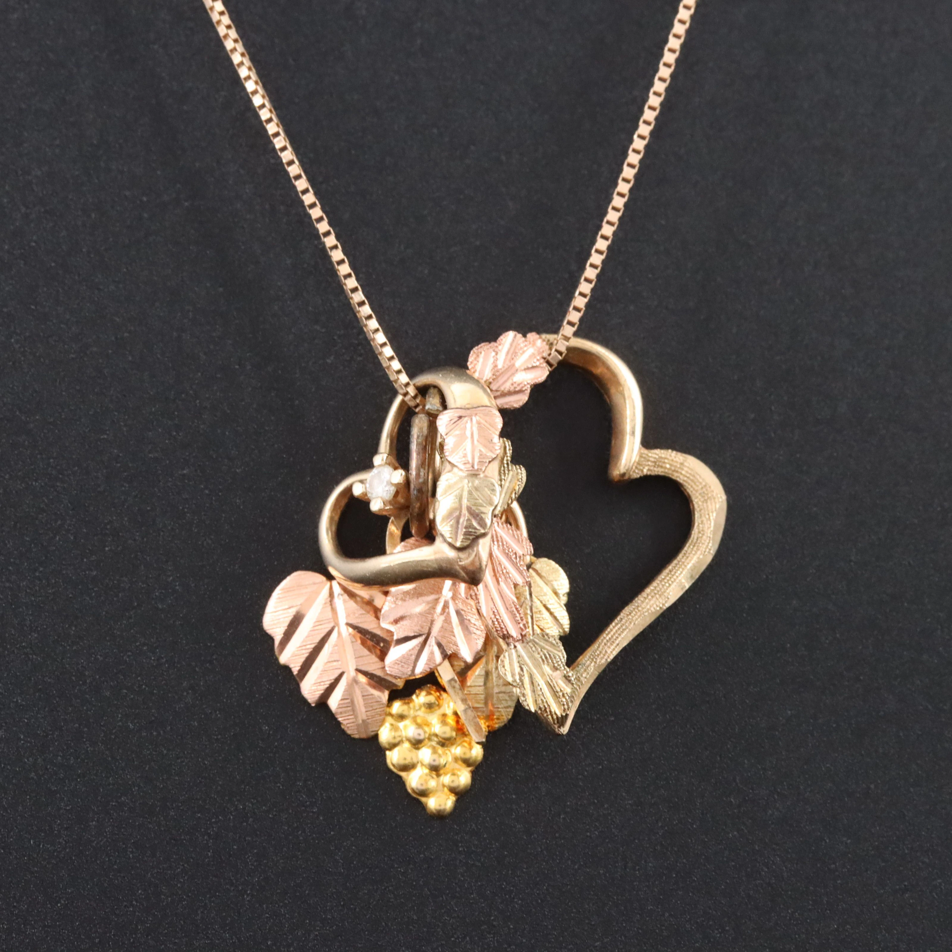 Coleman Black Hills Gold 10K Floral Heart Pendants on Necklace with Diamond
