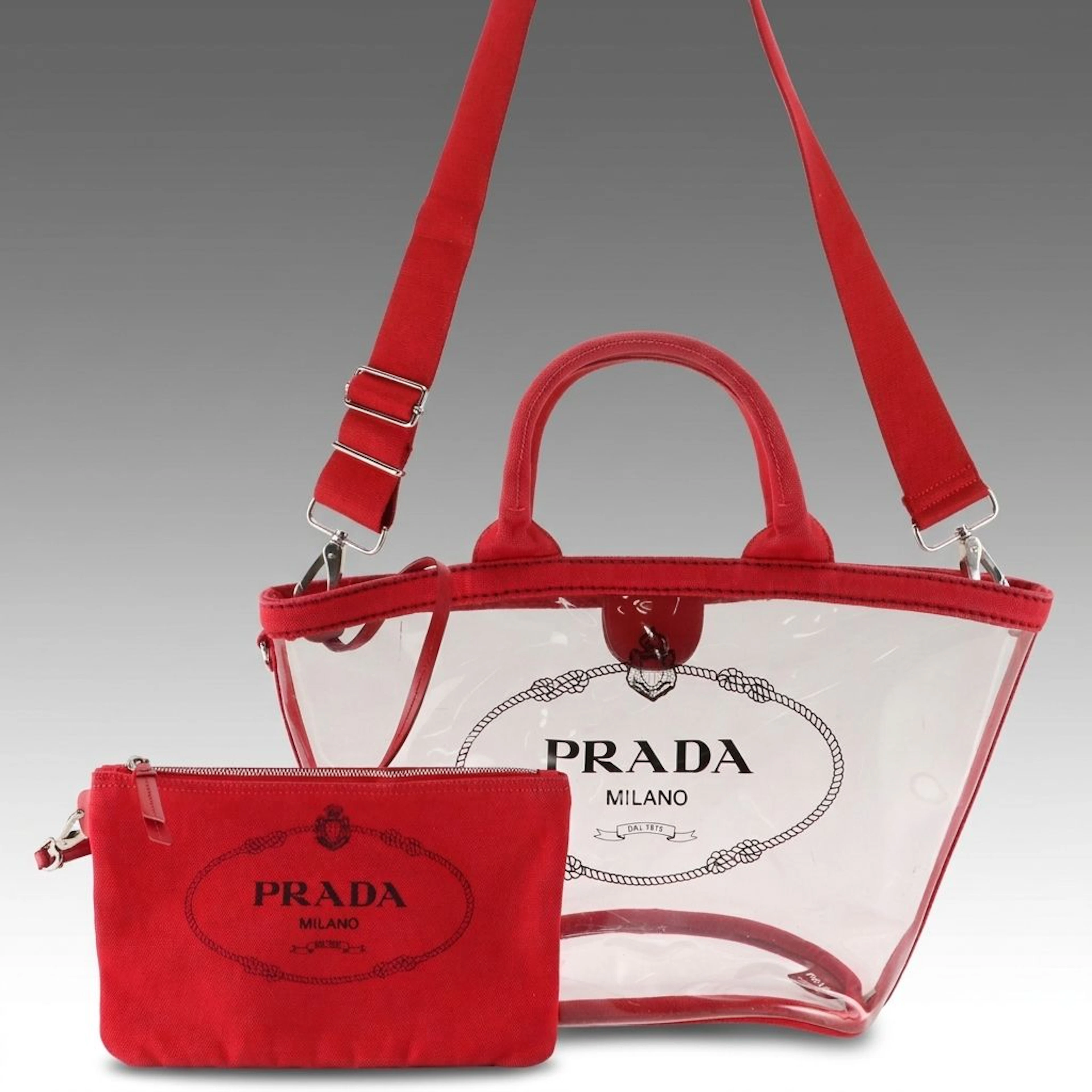Prada Clear PVC Canapa Logo Bucket Tote and Red Canvas Zip Pouch