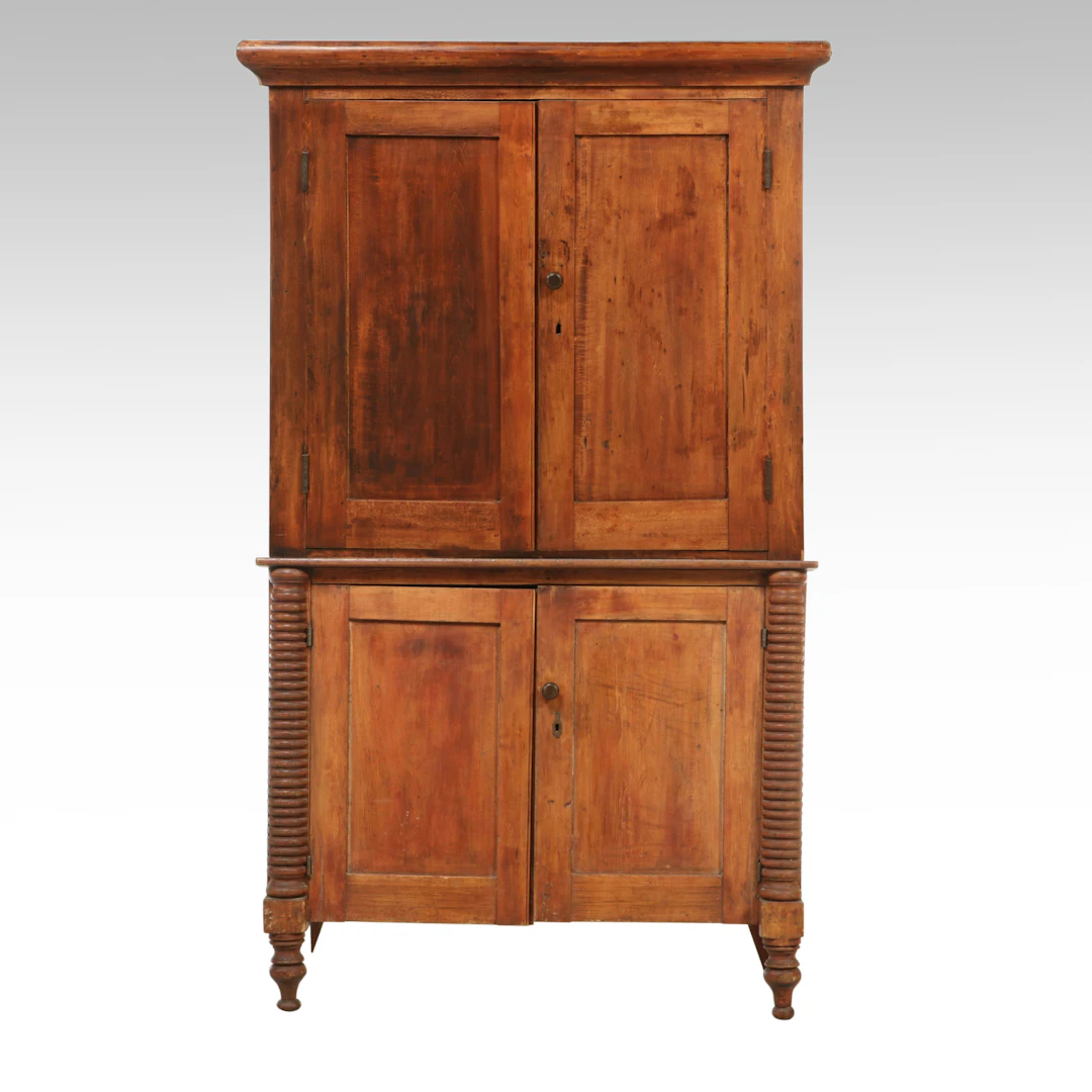 American Primitive Two-Piece Pine Step-Back Cupboard with Painted Interior