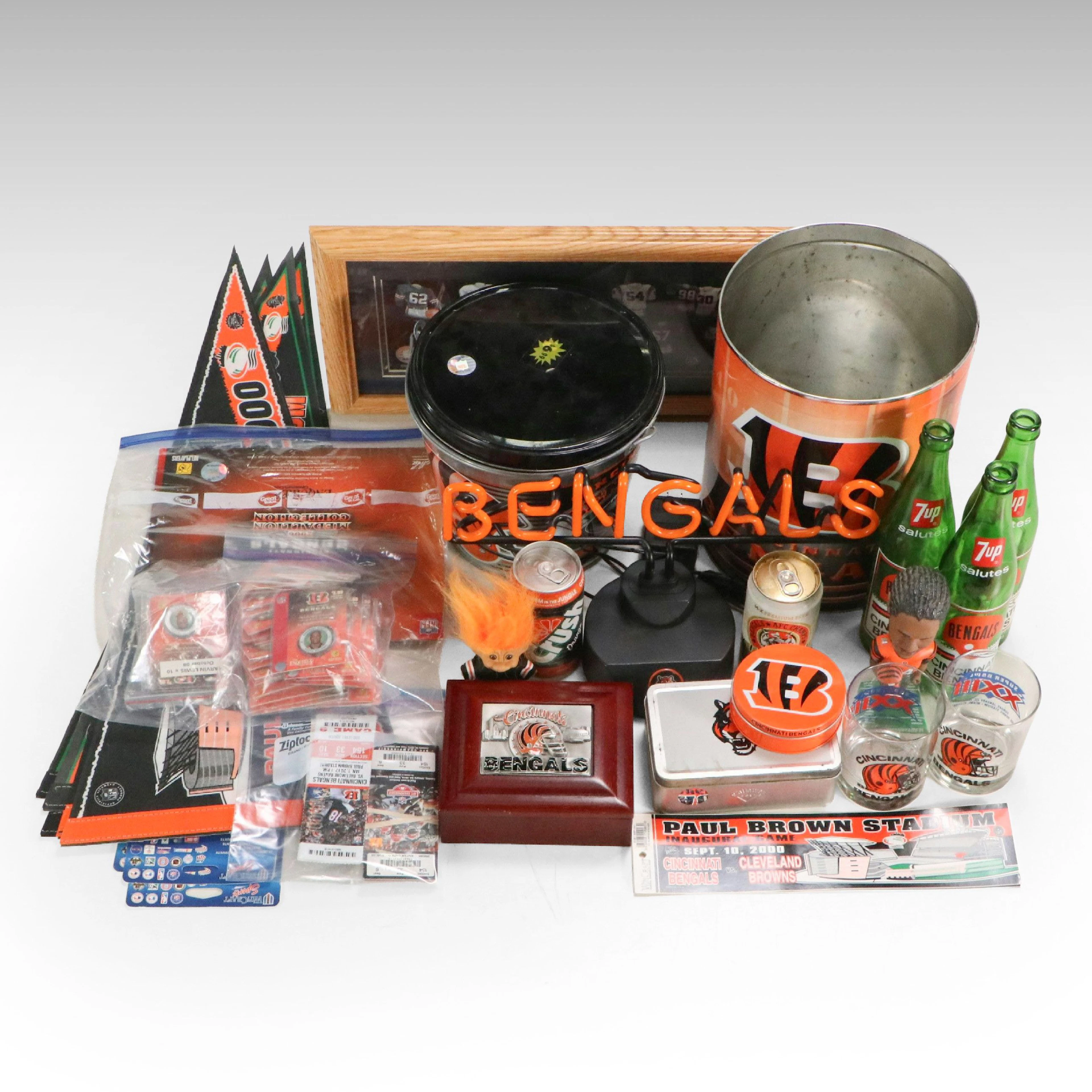 Cincinnati Bengals Football Memorabilia with Neon Sign and Bar Towels