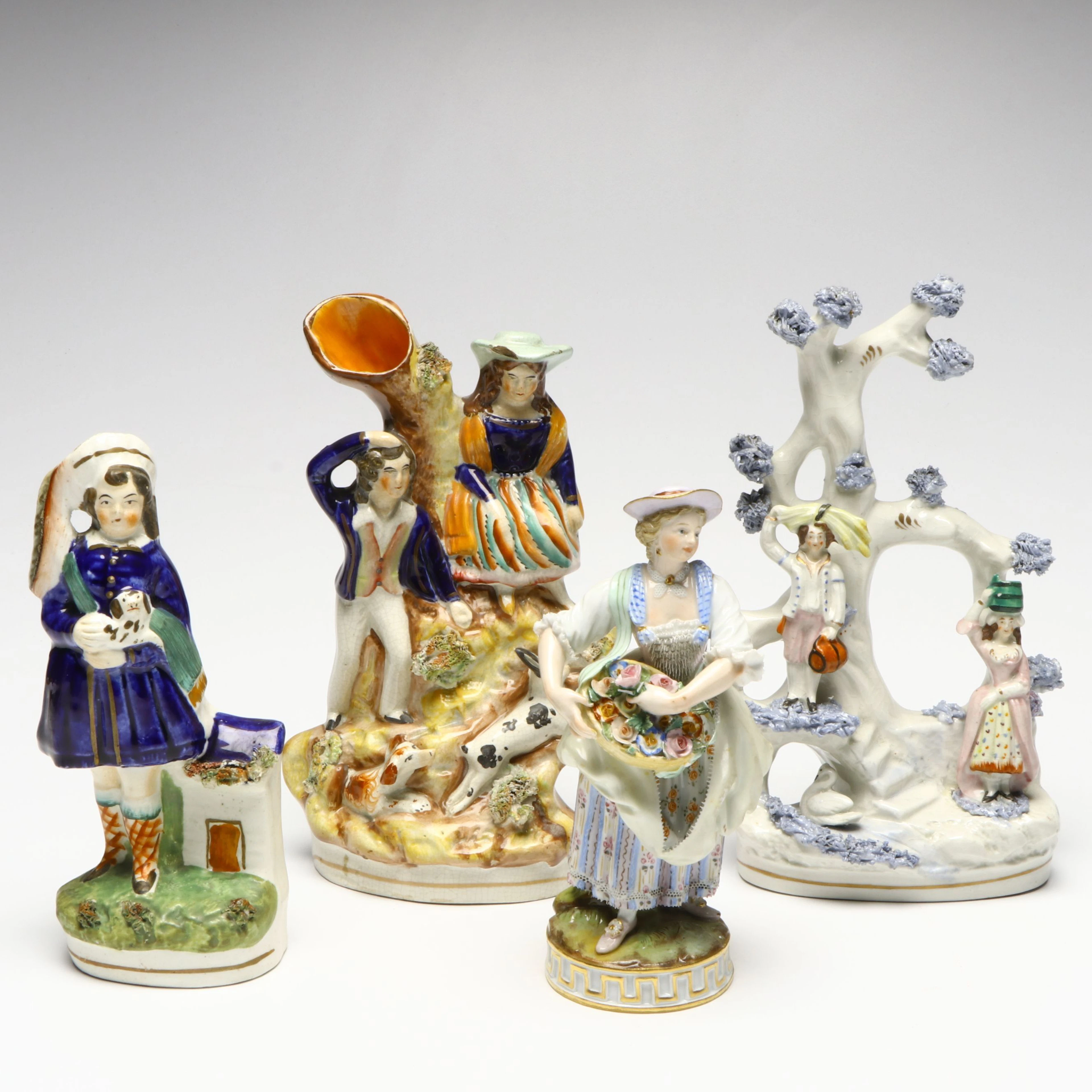 Meissen Woman Collecting Flowers Porcelain Figurine with Other Figures and Vase