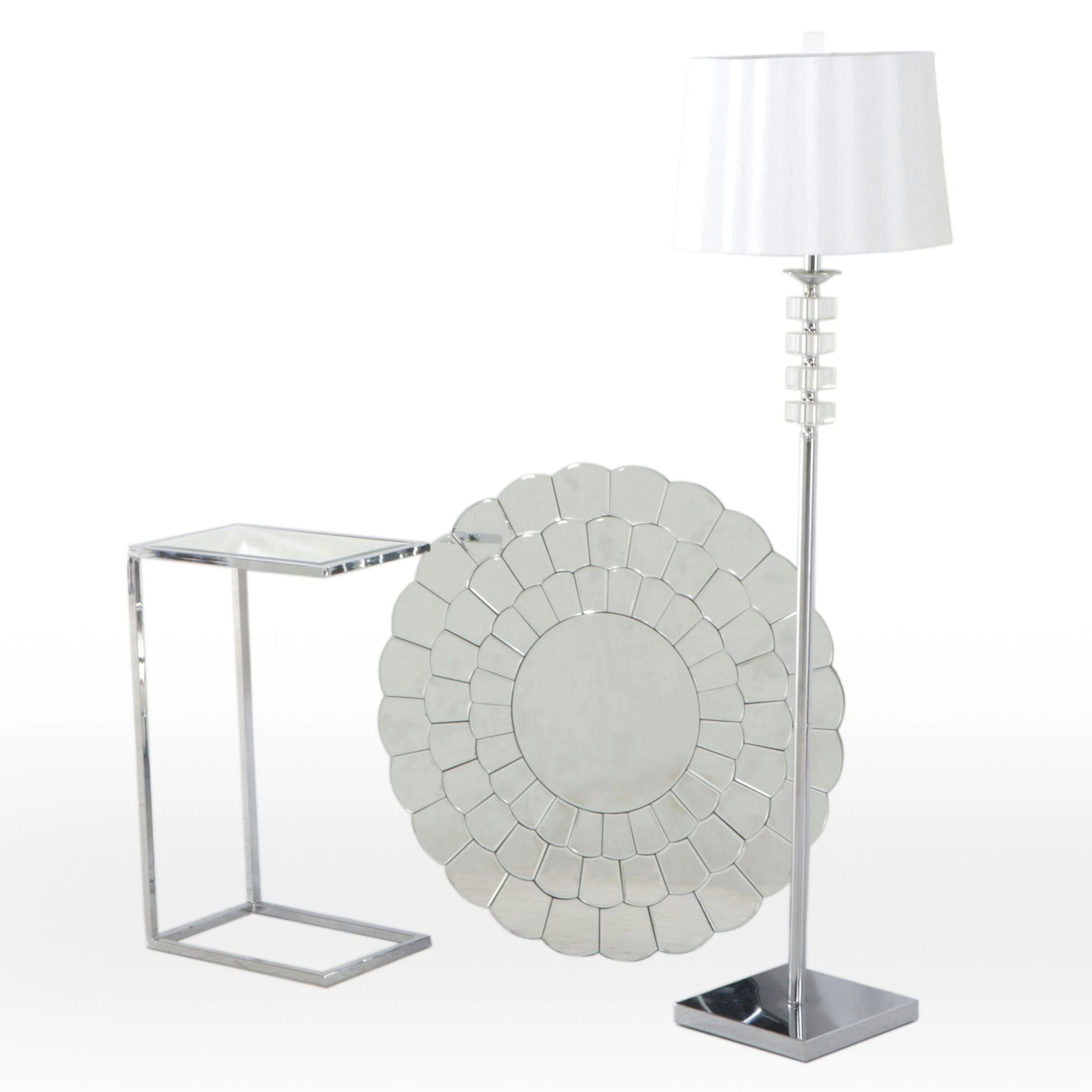 Modern Scalloped Wall Mirror with Floor Lamp and Mirrored Accent Table
