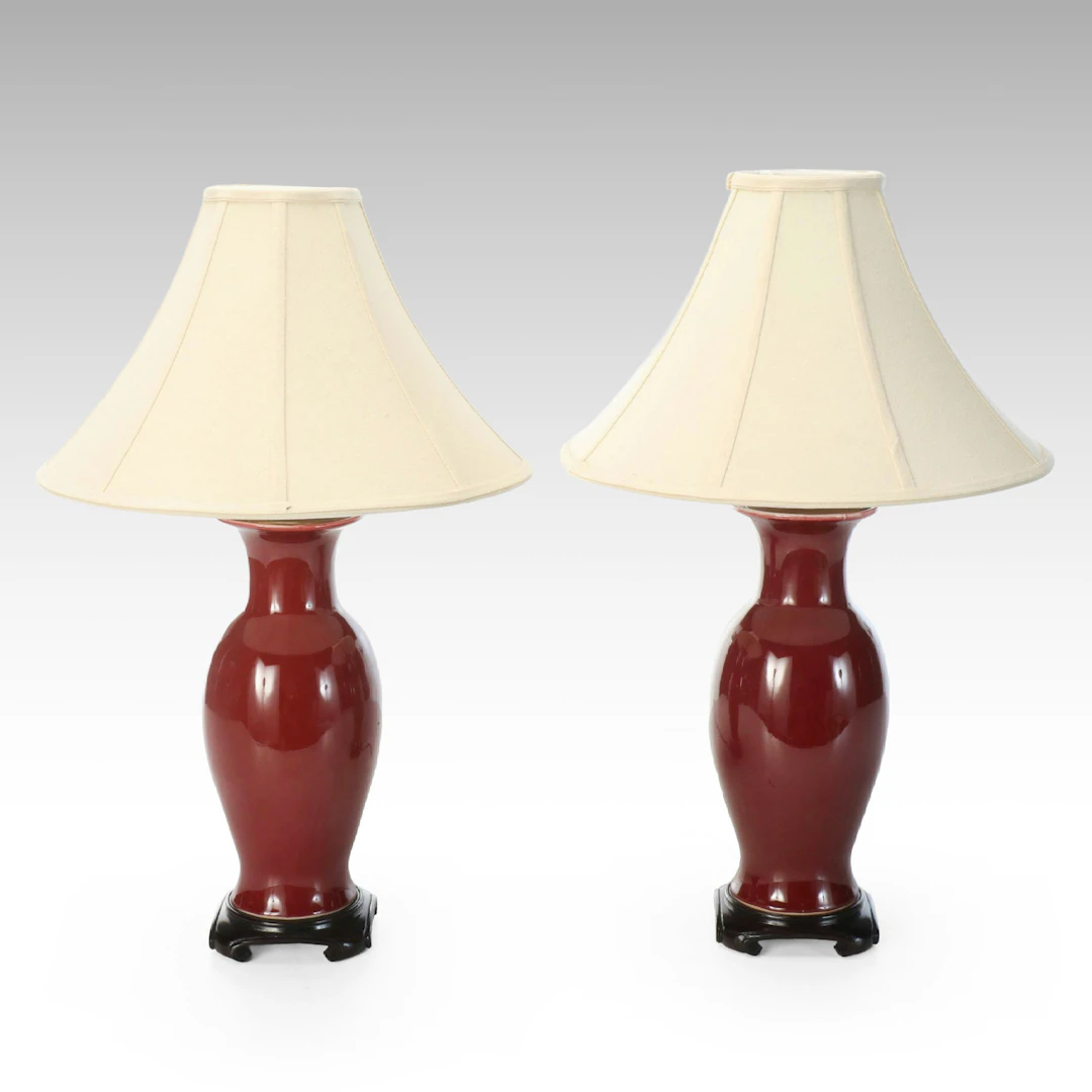 Pair of Sang de Boeuf Vase Table Lamps with Conical Shades