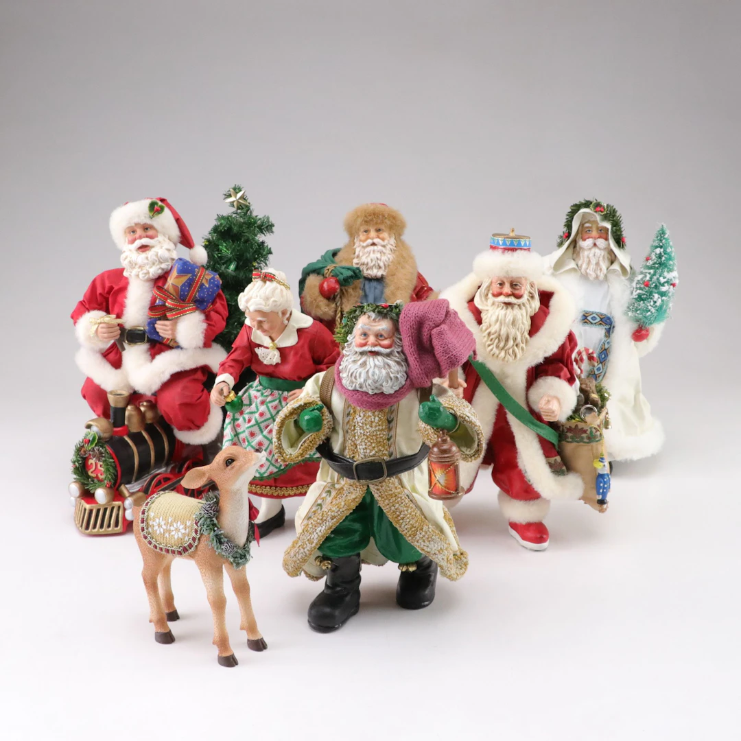 Clothtique and Other Figurines of Santa, Mrs. Clause, and Deer