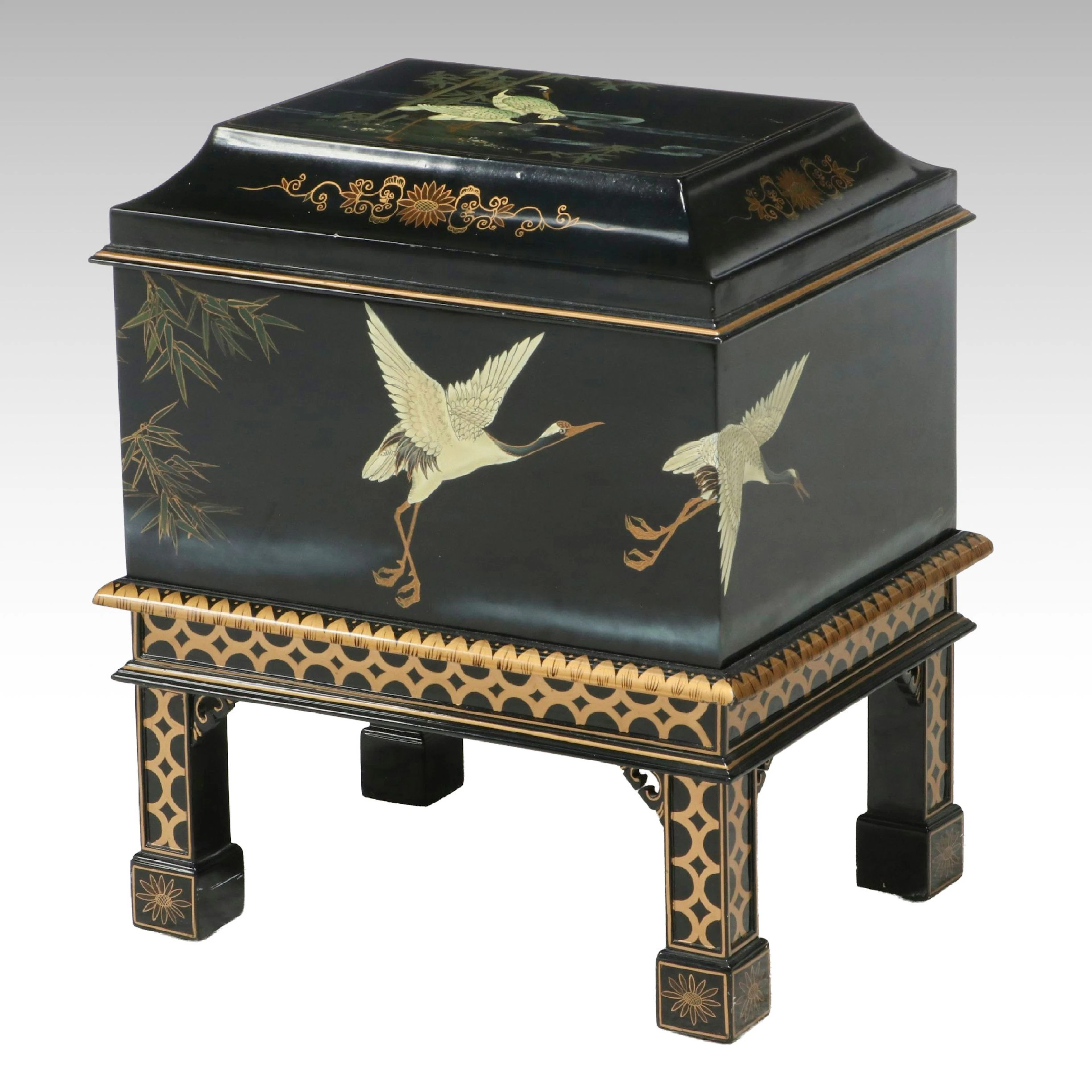 Chinoiserie Black Lacquer Crane Scene Box with Stand