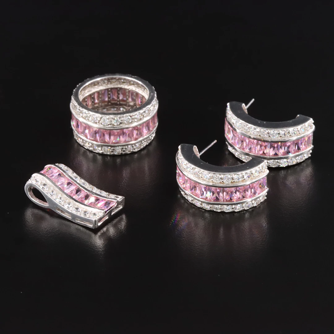 Sterling CZ Eternity Ring, Pendant, and Earrings
