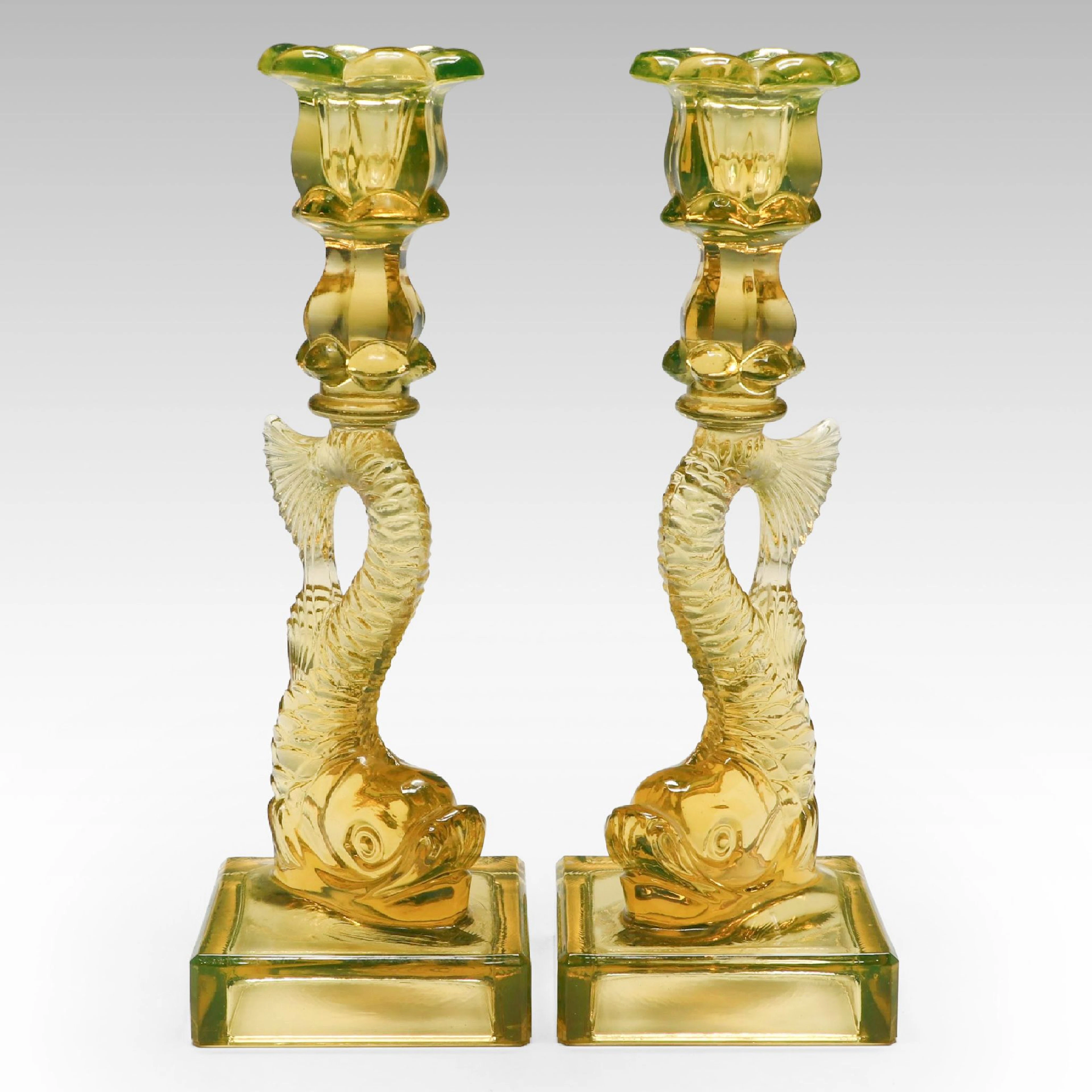Imperial Glass for MMA Uranium Glass Dolphin Candle Holders, 1970s