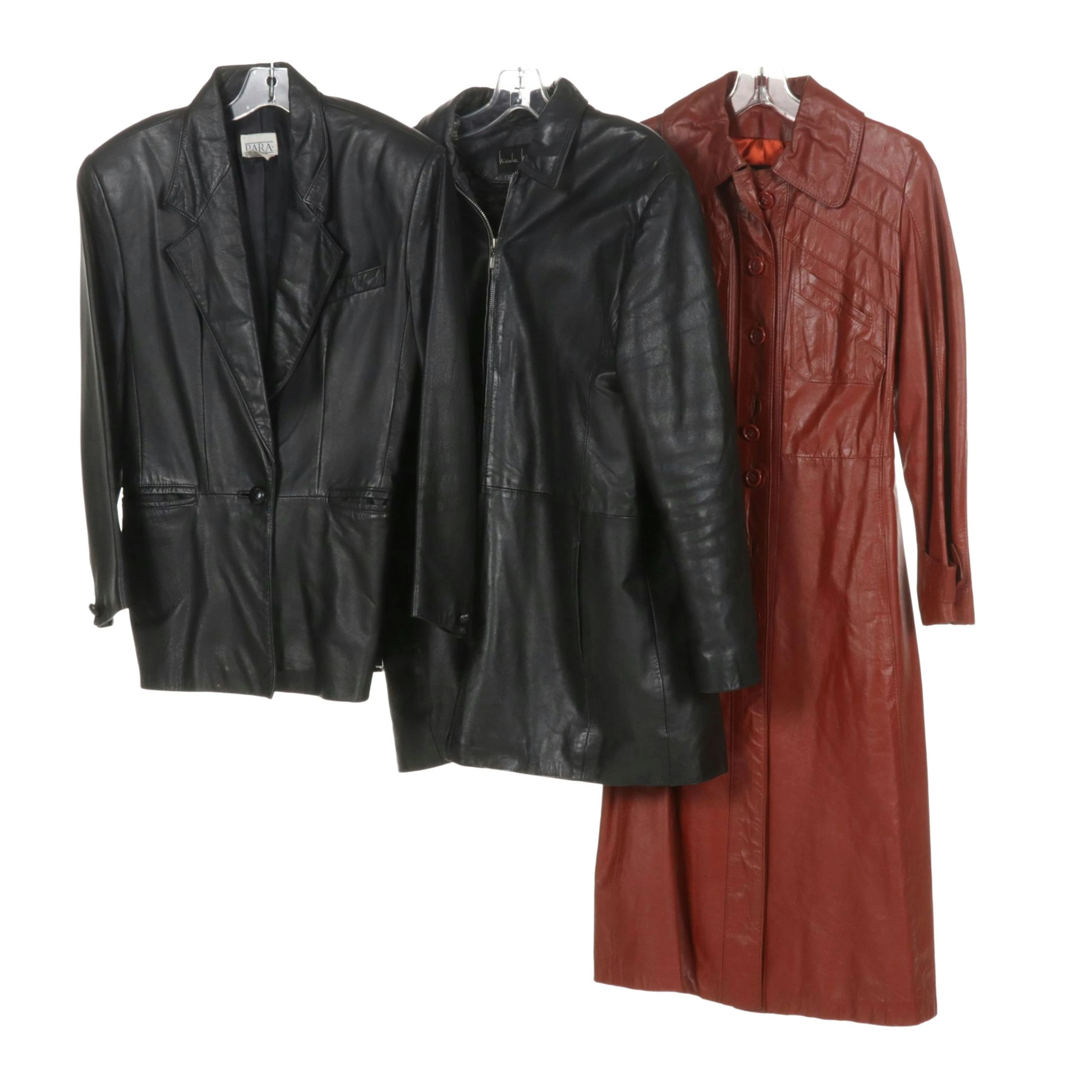 1970s P.B.D. Red Leather Trench Coat with Para and Nicole Miller Leather