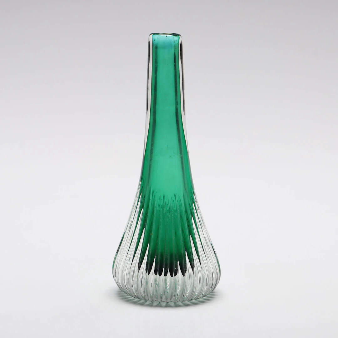 Signed Emerald Green and Ribbed Clear Cased Glass Bud Vase