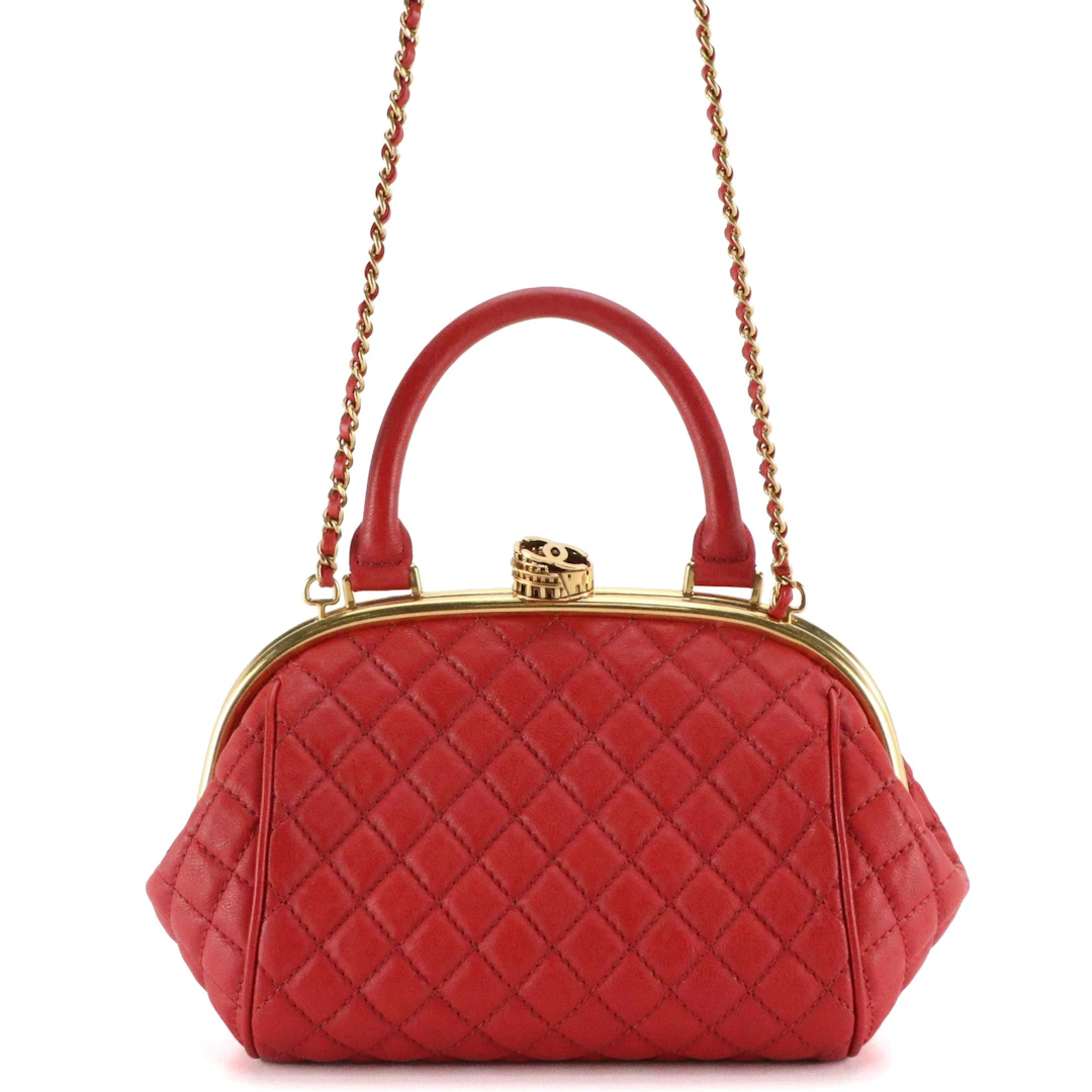 Chanel Roman Colosseum Kiss-Lock Frame Two-Way Bag in Red Matelassé Leather