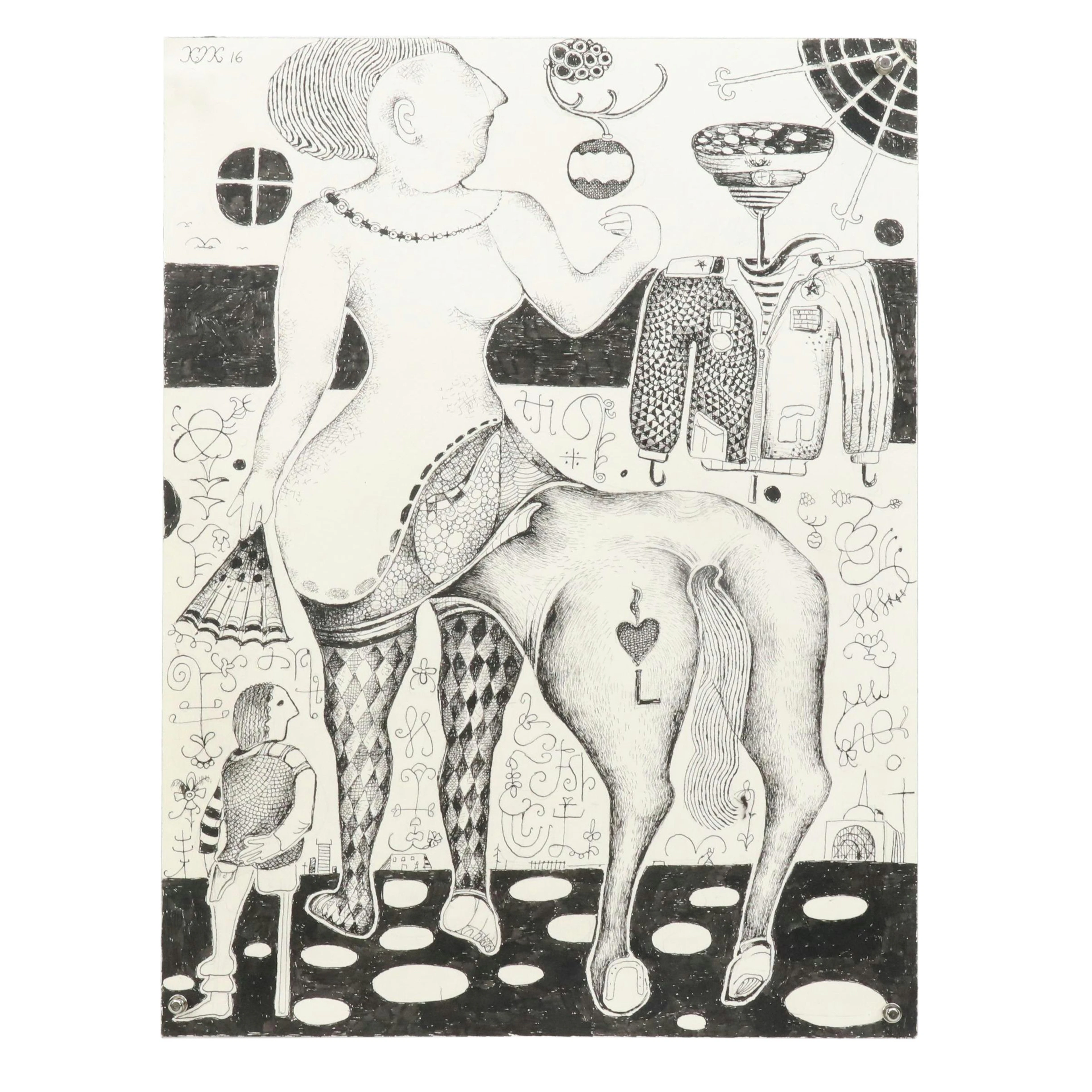 Nikolay "Kuk" Manuylov Figural Surrealist Ink Drawing, 2016
