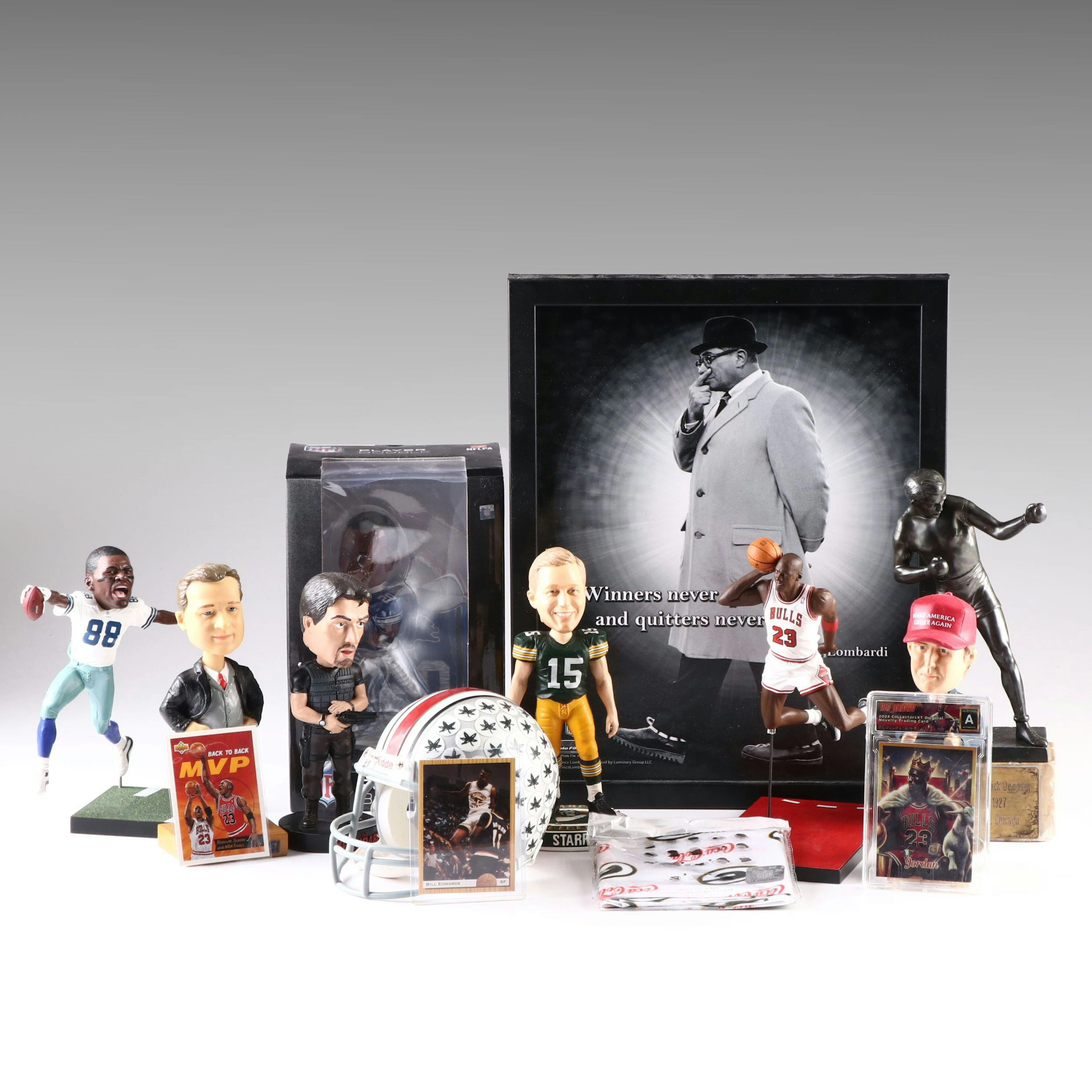 Football Bobbleheads, Jack Dempsey Statue, and More