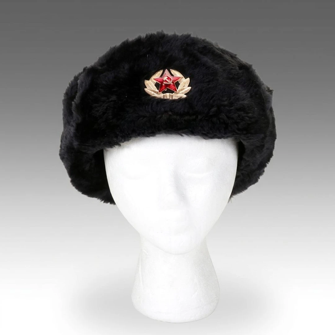 Faux Fur Ushanka with Soviet Hammer and Sickle Medallion
