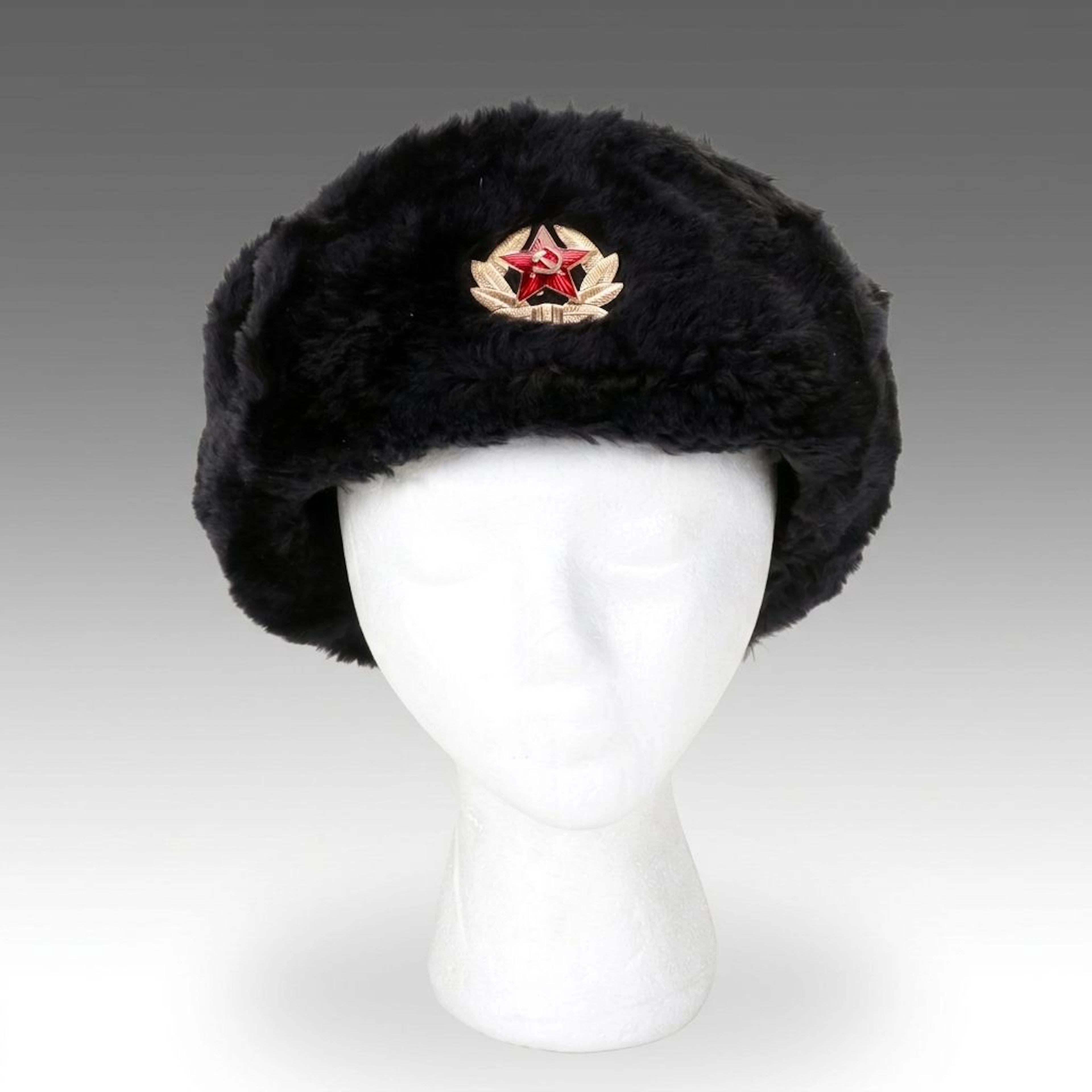 Faux Fur Ushanka with Soviet Hammer and Sickle Medallion