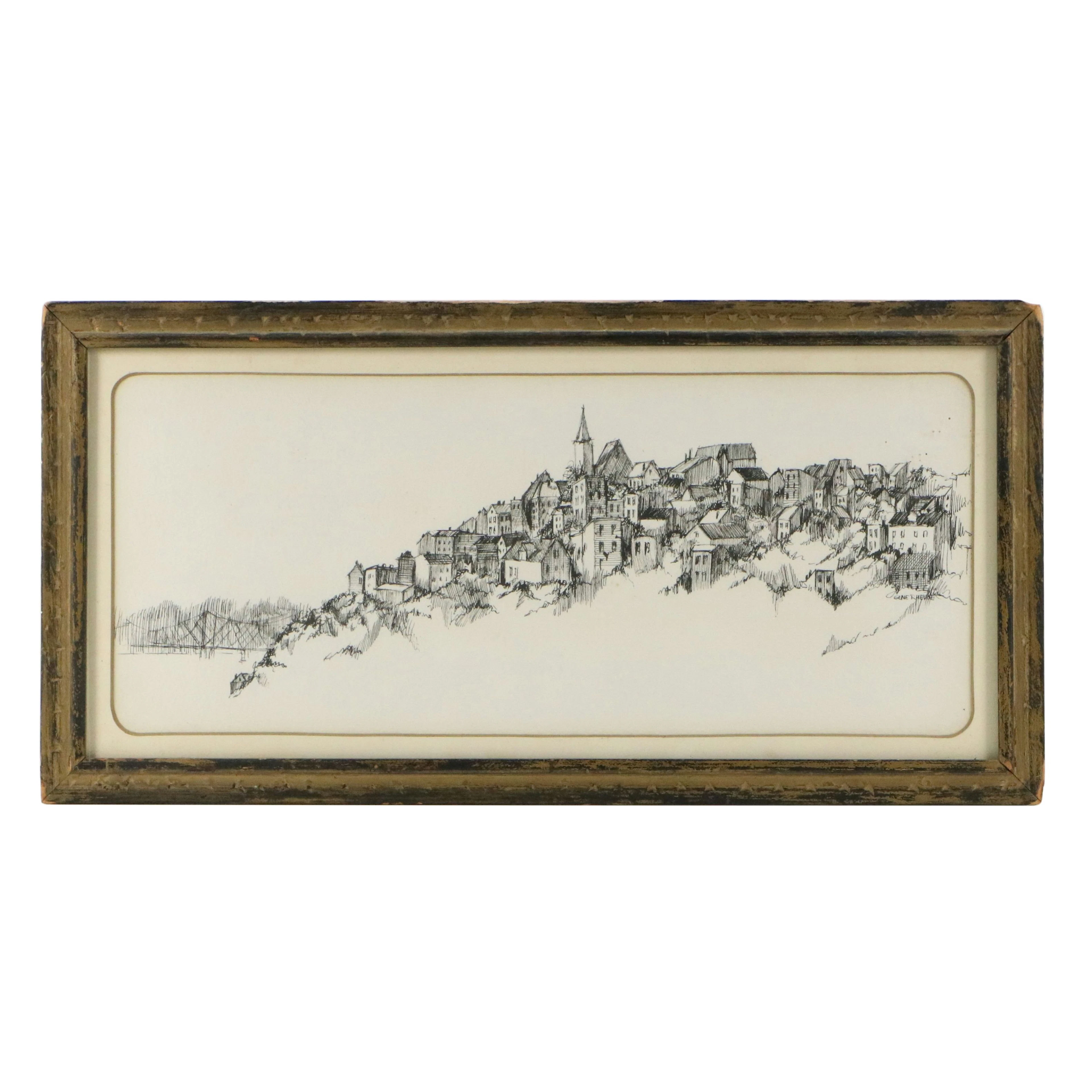 Gene Rheude Ink Drawing of Cincinnati Hilltop Neighborhoods, c. 1970