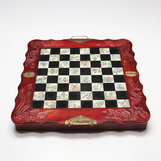 Chinese Style Folding Wooden Chessboard with Inlaid Tiles