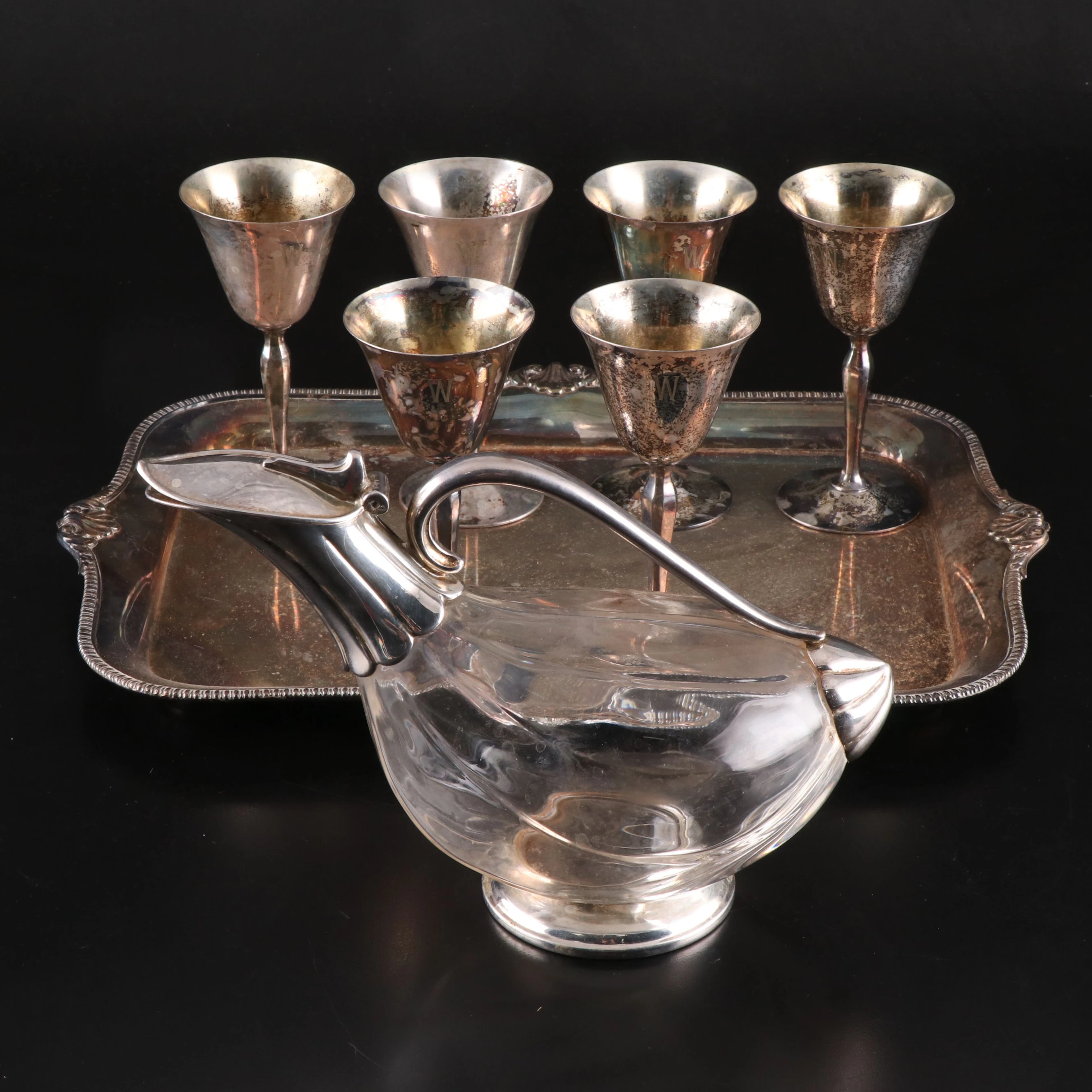 Ellis-Barker Silver Plate Serving Tray with Duck Form Wine Decanter and Goblets