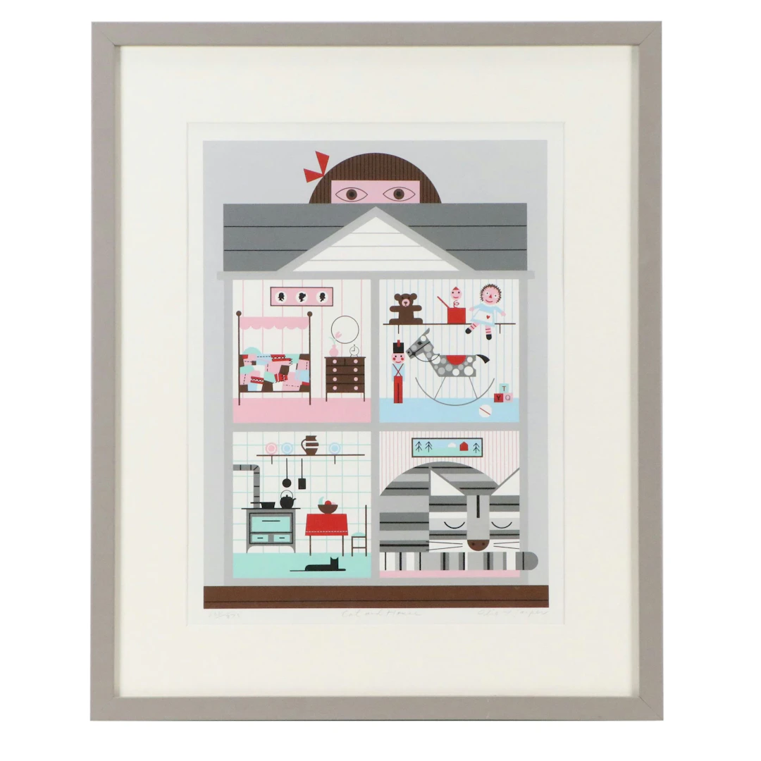 Edie Harper Domestic Serigraph "Cat and House," 1985