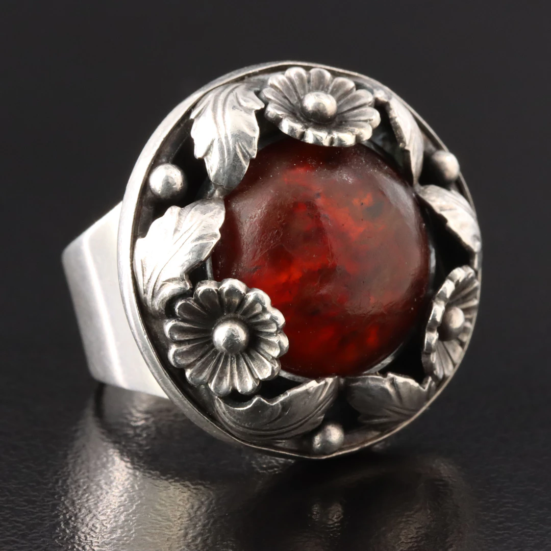 Vintage Danish Modernist Niels Erik From Sterling Amber Floral Ring