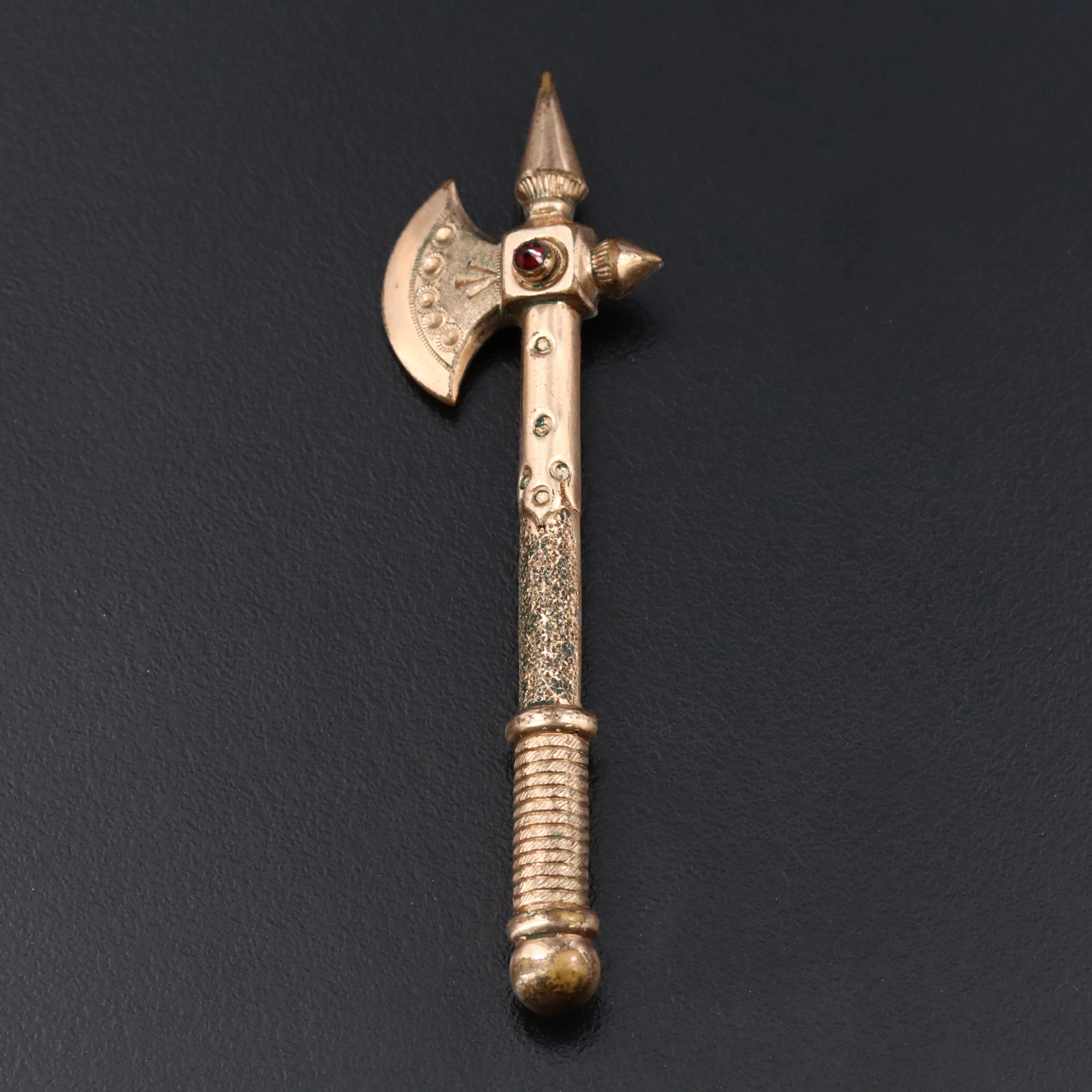 Antique Medieval Revival Axe Brooch with Faux Gemstone