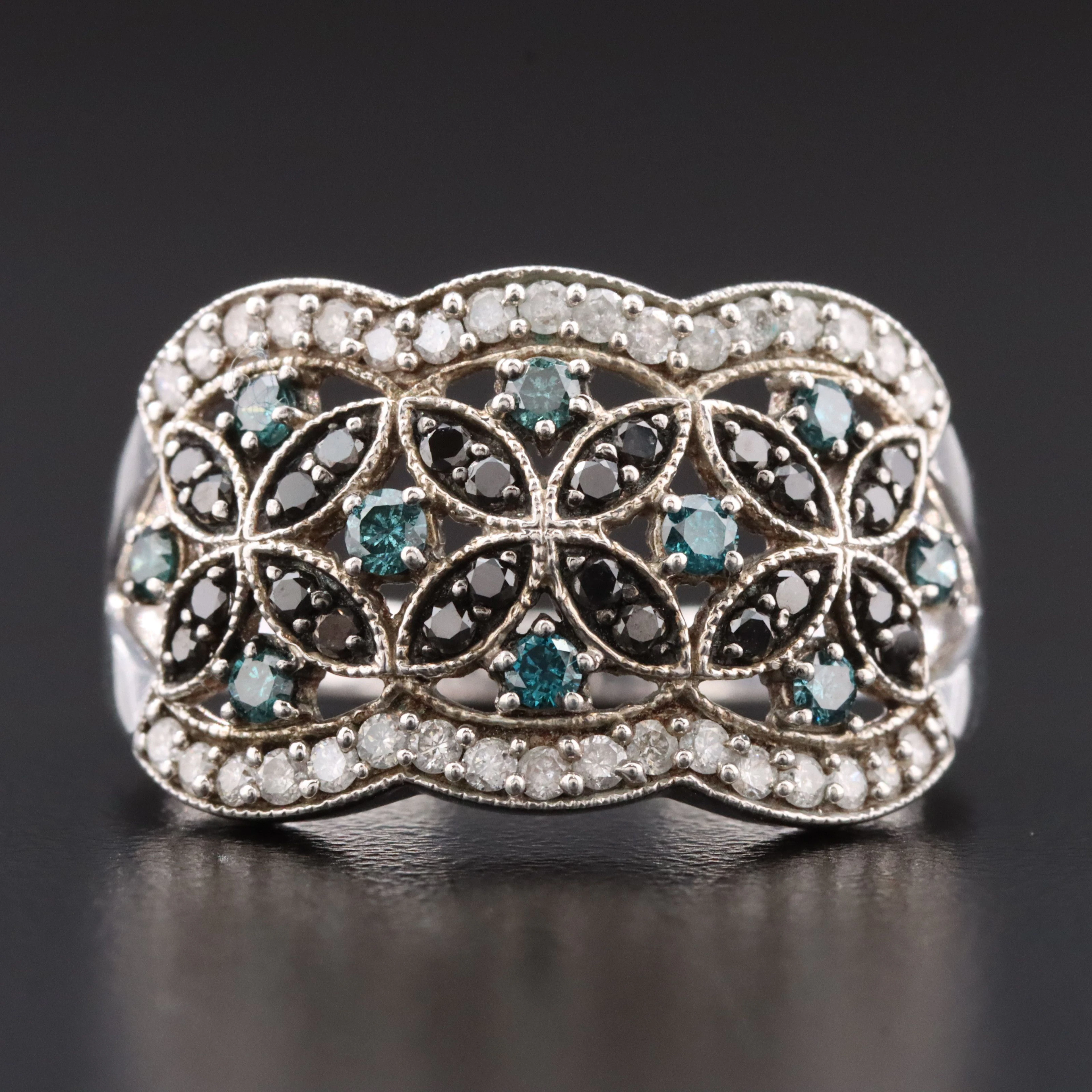 Sterling Diamond Ring with Fancy Blue and Black