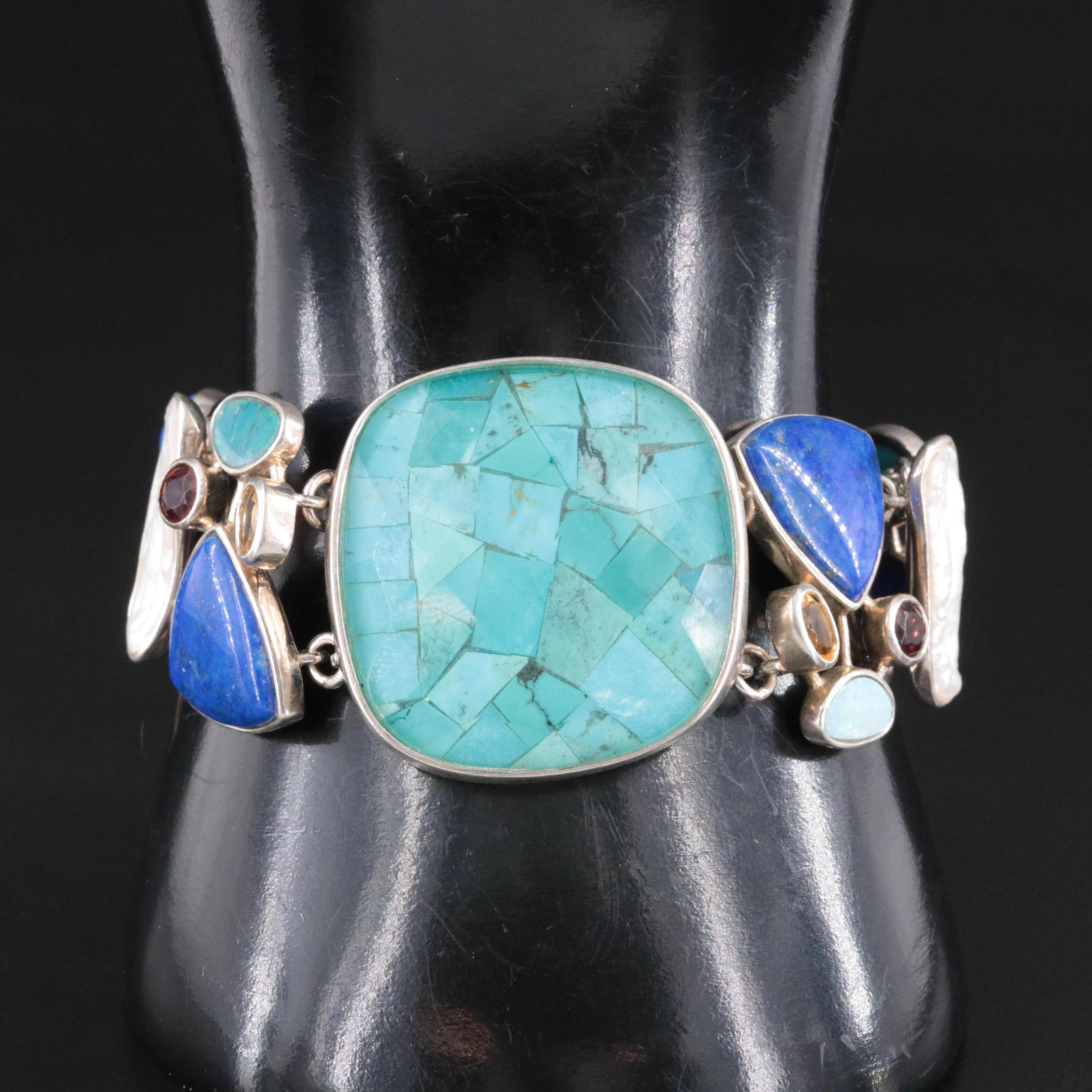 Sterling Gemstone Bracelet Including Pearl, Lapis Lazuli and Opal