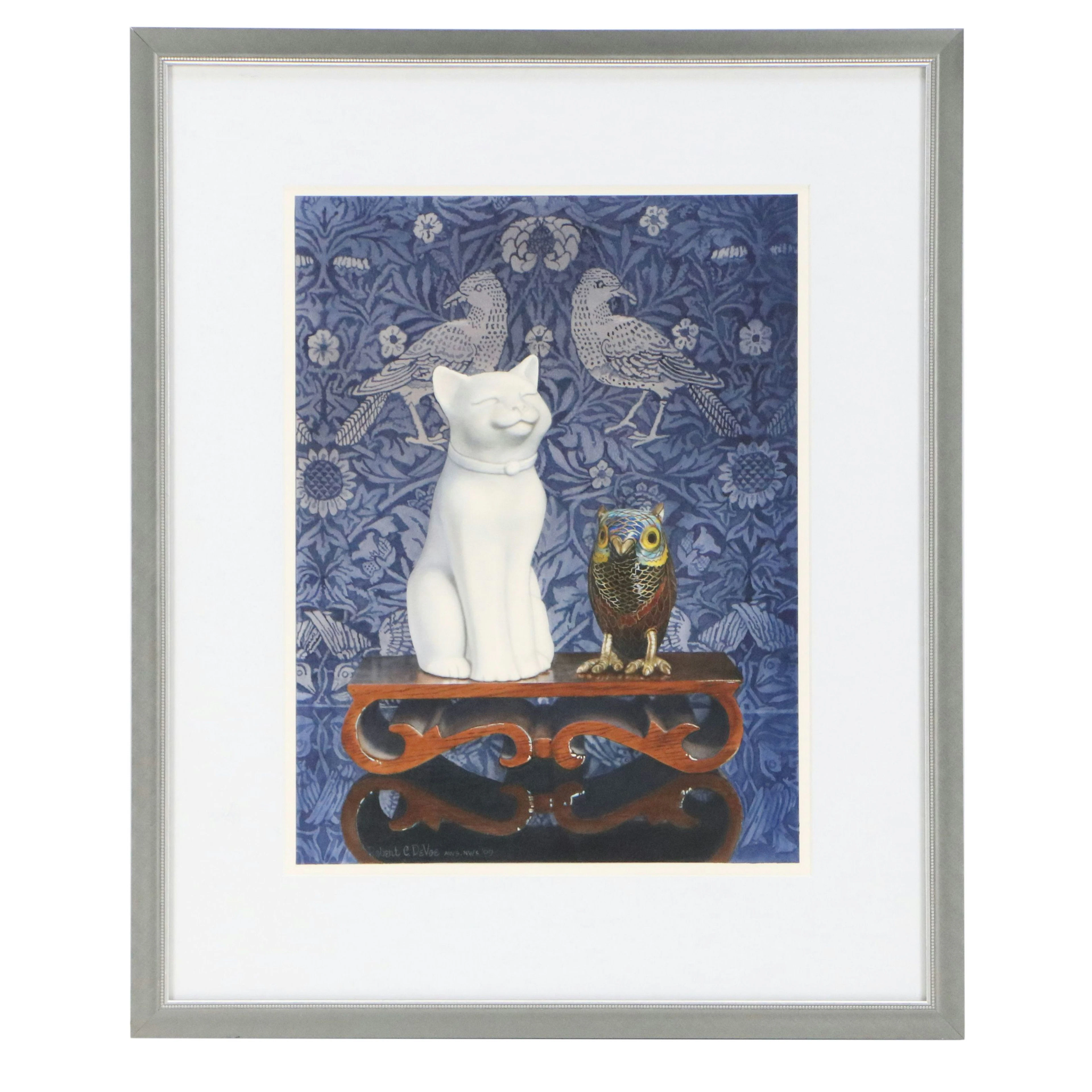 Robert C. DeVoe Watercolor Painting "The Cloisonne Owl and the Porcelain Cat"